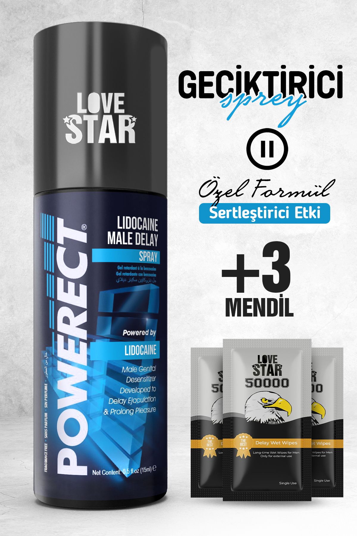 Love Star Geciktirmeye Yardımcı 16ml Sprey ve 3 Adet Tek Kullanımlık Mendil Geciktiricili Set