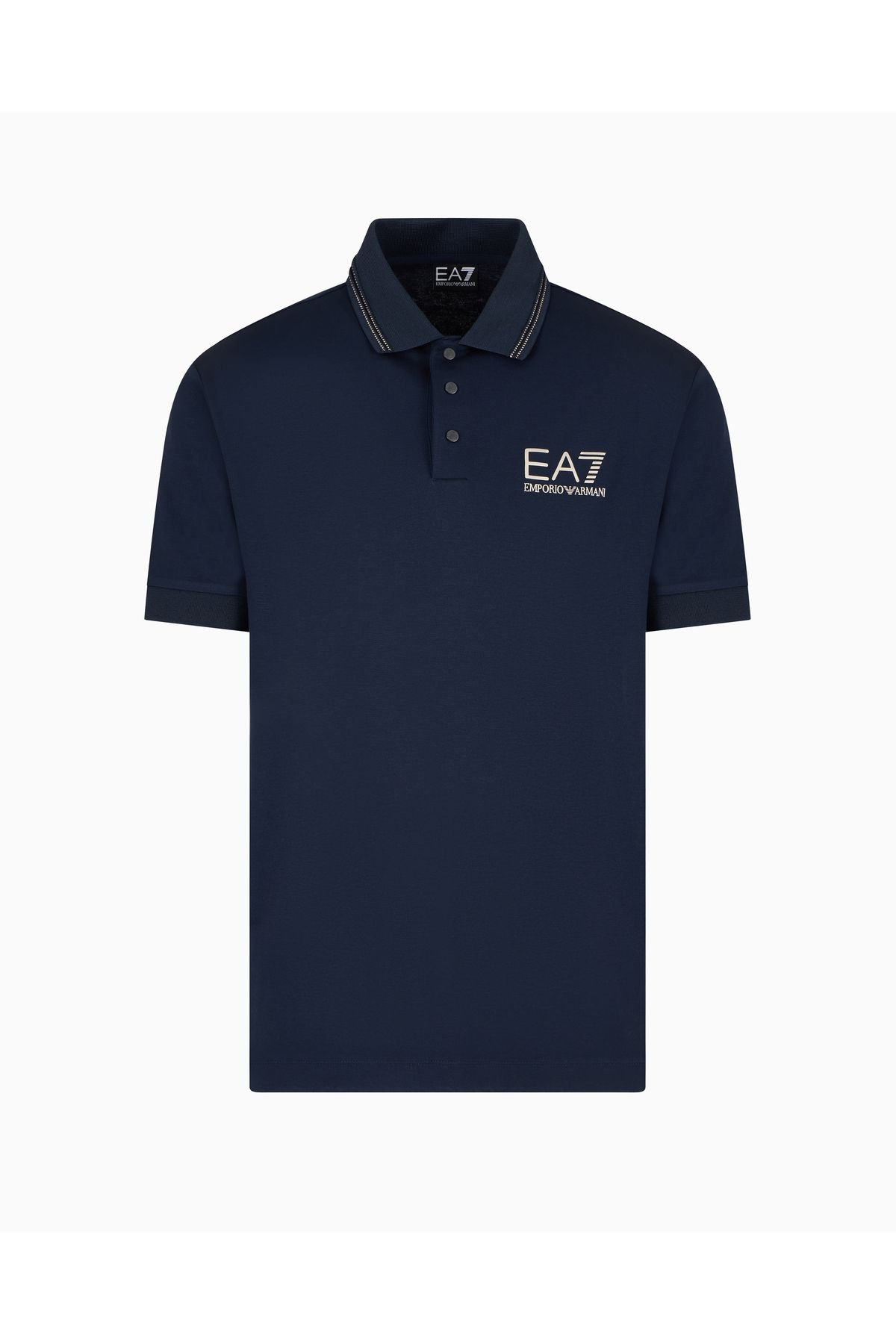 EA7 Erkek Slim Fit Şerit Detaylı Polo Yaka Gold EA7 Logolu Kısa Kollu Mavi Polo Yaka T-Shirt 7M000300 AF