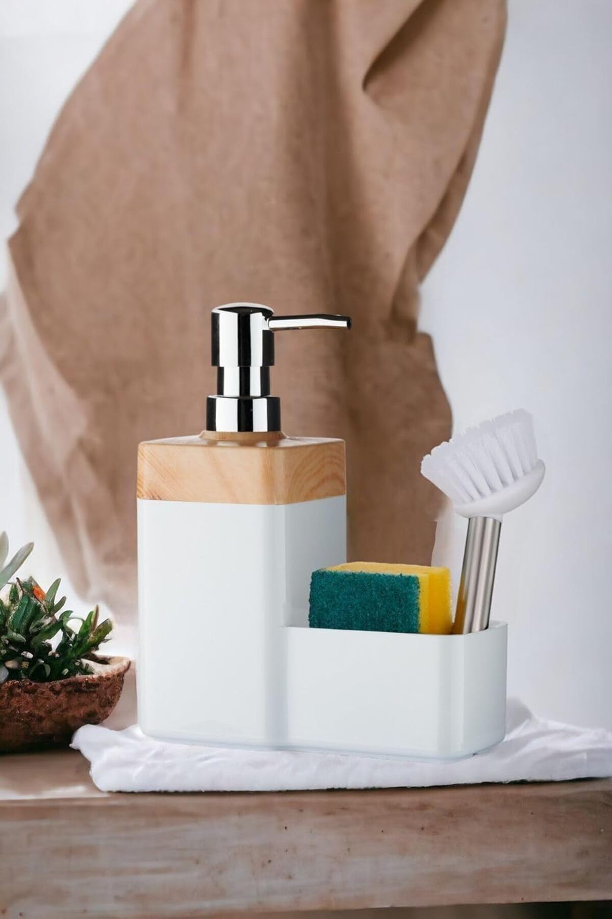 STOREMAX acelya Bambu Desen Kapaklı Hazneli Sıvı Sabunluk Tezgah Üstü Mutfak Banyo Deterjanlık Fırça
