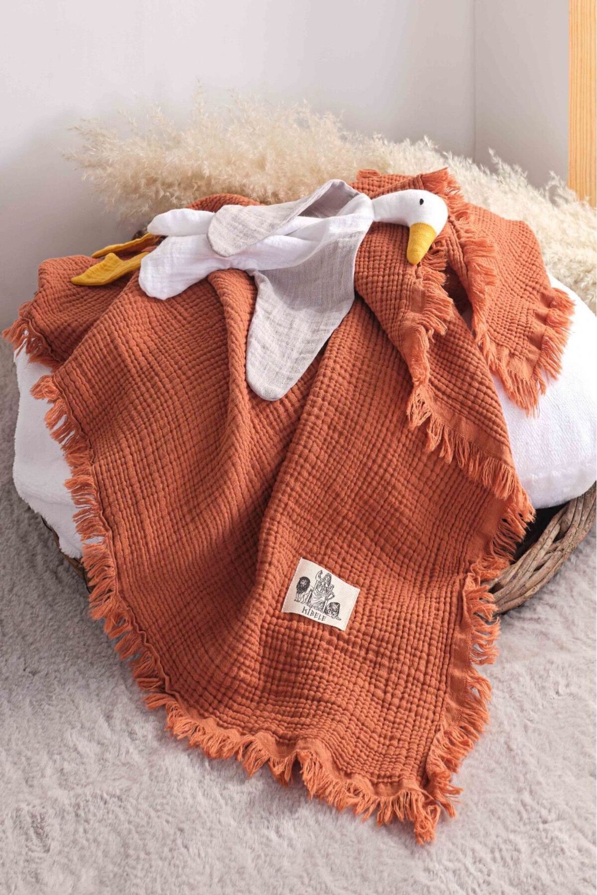 Kibele Kiremit 4 Katlı Müslin Püsküllü Bebek & Çocuk Battaniyesi %100 Pamuk 80x110cm fotoğrafı 3 (önizleme)