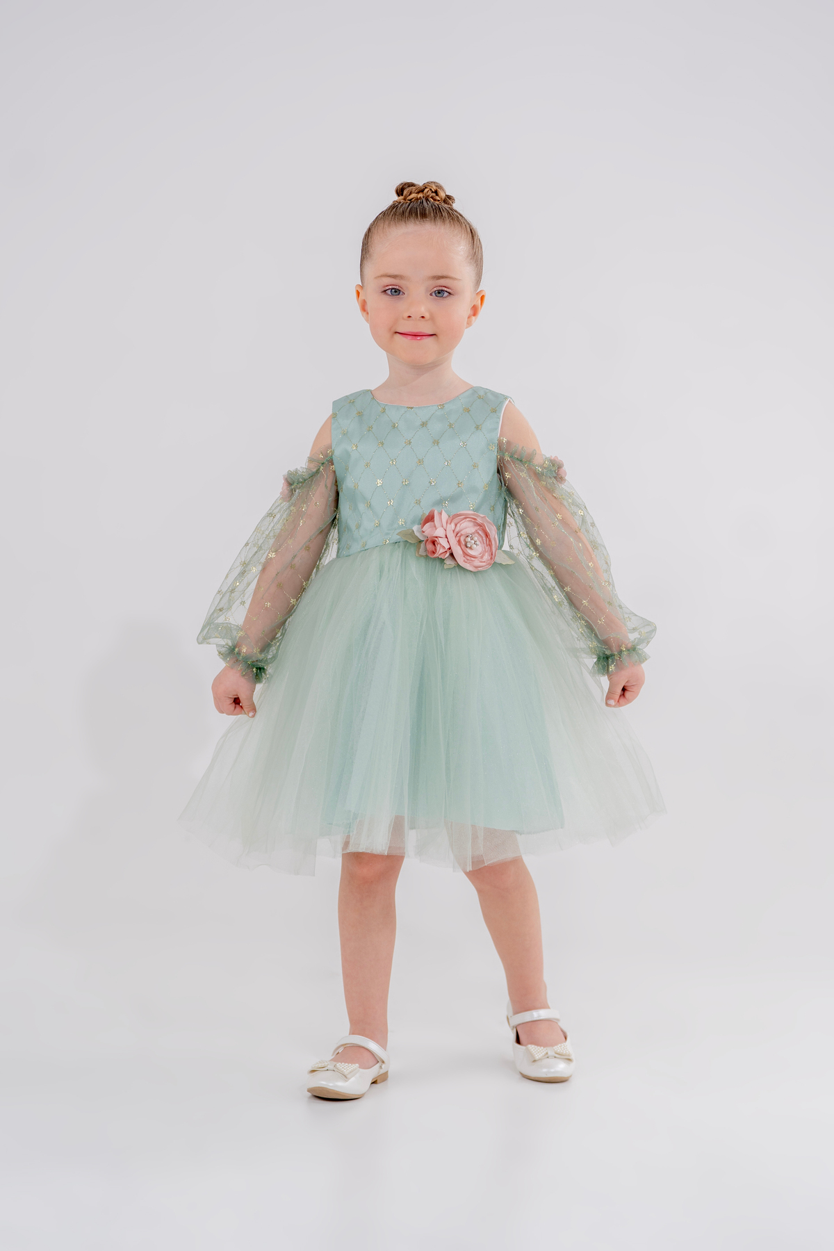 Eray Kids Kız Çocuk Abiye Elbise Simli Çiçek Detaylı Omzu Açık Tül Kollu 4-7 Yaş