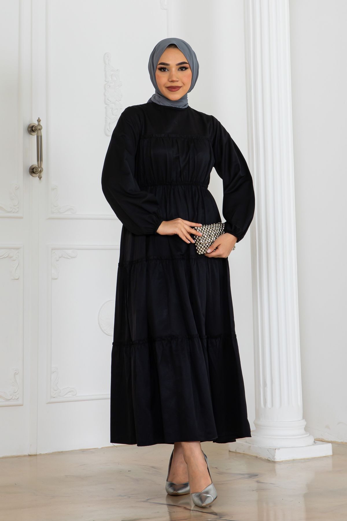 benguen-Black Hijab Dress - Elastic Sleeves, Model 2124 1