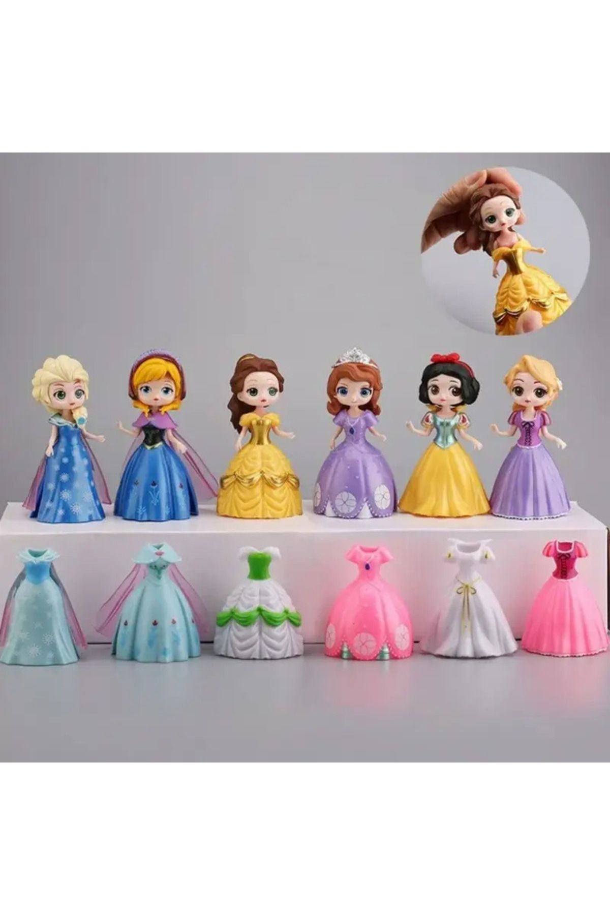 BMCRAFT 6 Adet Disney Prensesleri 12 Adet Değiştirilebilir Kıyafet Hareketli Eklem Figür Oyuncak ( 7-11cm )