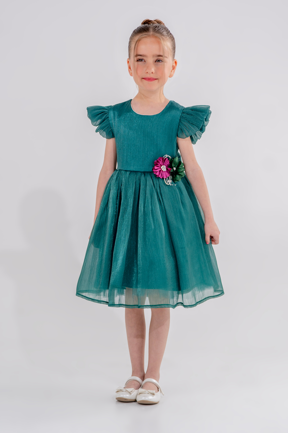 Eray Kids Kolları Fırfır Detaylı Çiçekli Kız Çocuk Abiye Elbise
