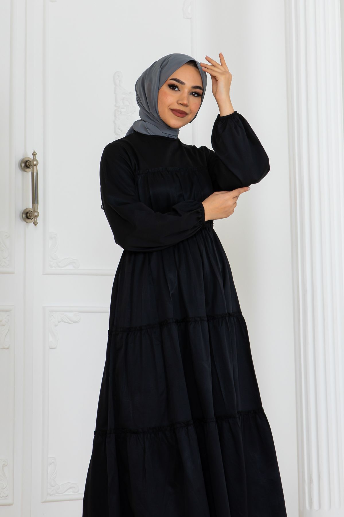 benguen-Black Hijab Dress - Elastic Sleeves, Model 2124 2