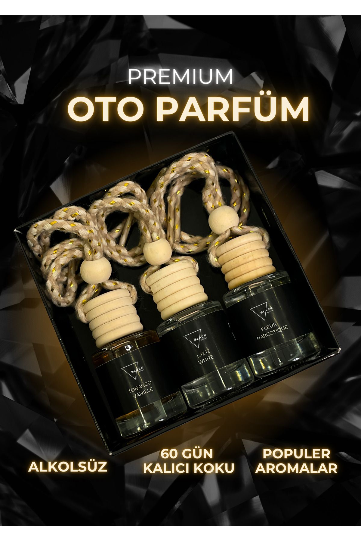 BLACK EDITION Premium Oto Parfüm Toplam 6 ay Kalıcı 3 farklı Koku Alkolsüz 10 ml Oto Ofis Banyo Gardırop için