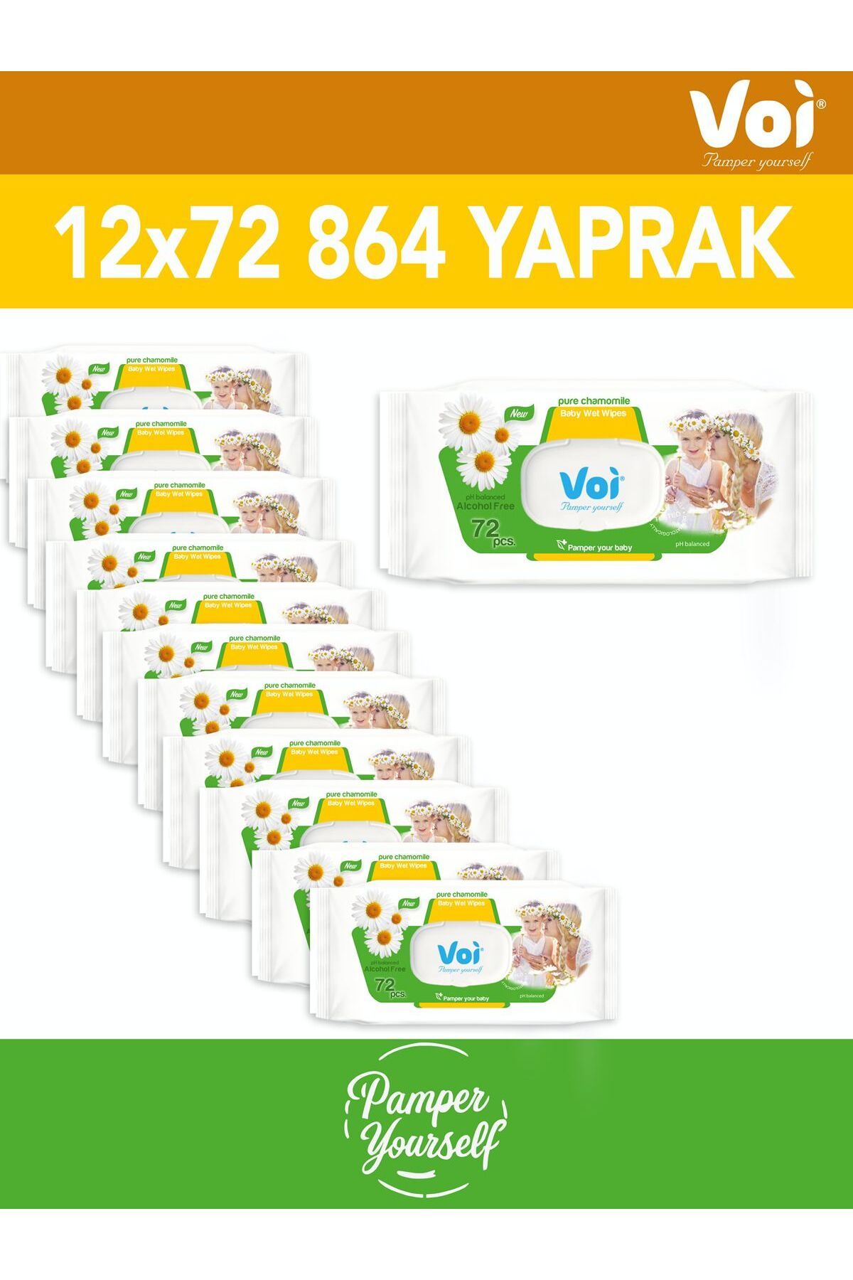 VOI-12 Pieces Baby Wet Wipes Softer with Pure Chamomile Extract 864 Sheets 1