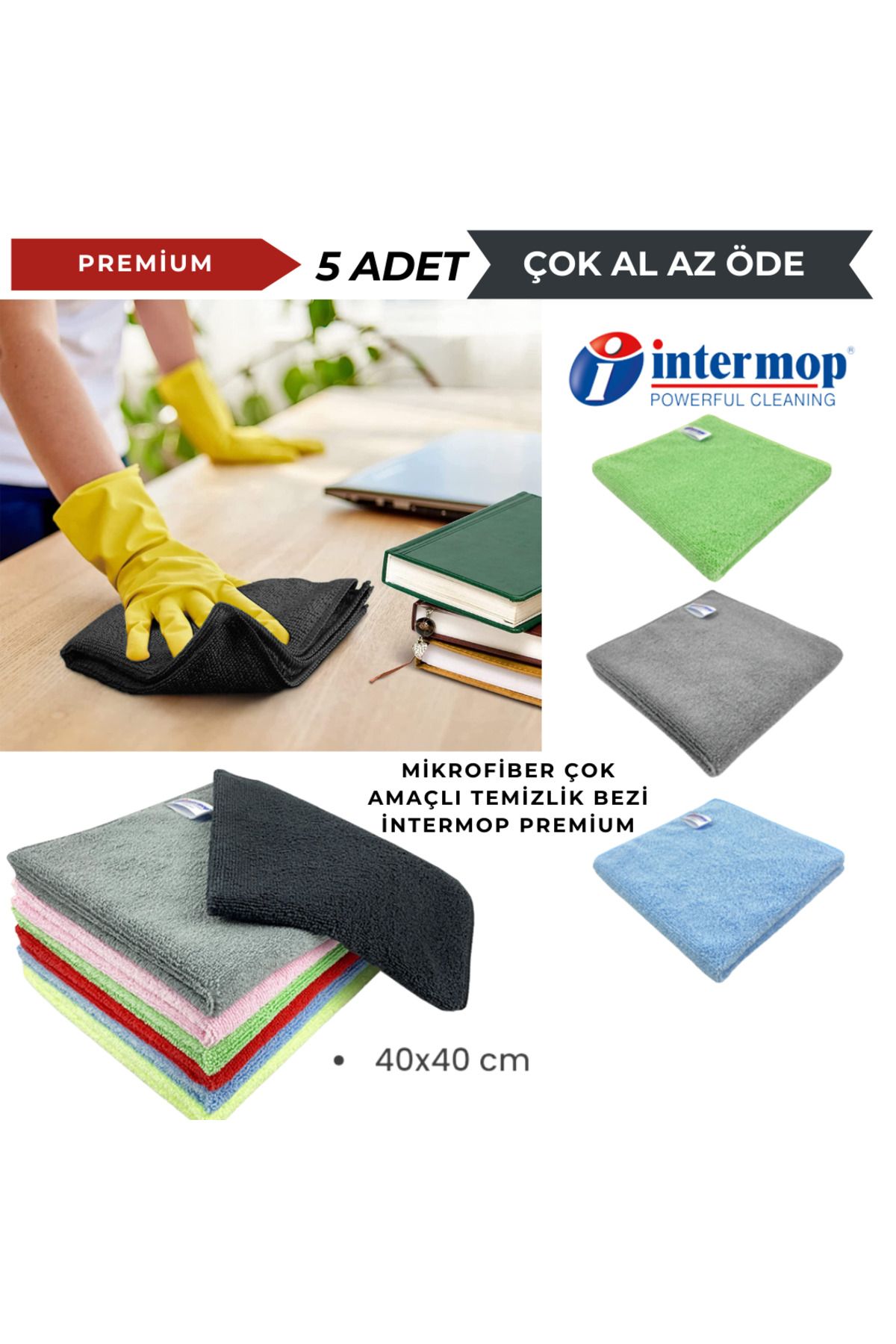 İntermop Mikrofiber Çok Amaçlı Premium Temizlik Bezi Siyah 40x40 5 Adet