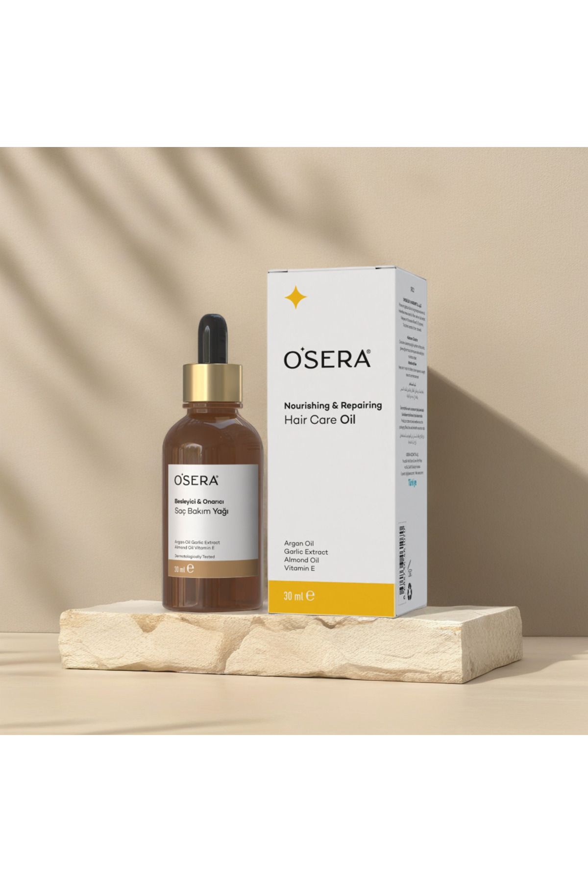 OSERA Doğal Besleyici ve Onarıcı Saç Bakım Yağı 30 ml (E Vitamin, Argan, Sarımsak ve Badem Yağı)