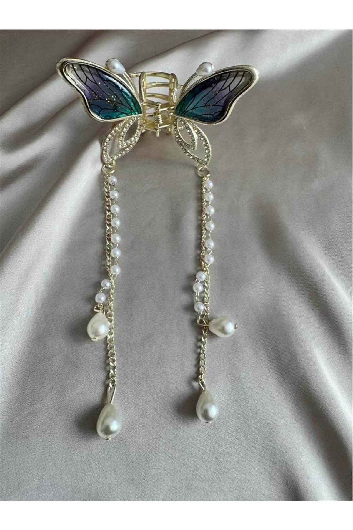 Pelin Aksesuar-Variegated Patterned Butterfly Pearl Dangle Buckle 6