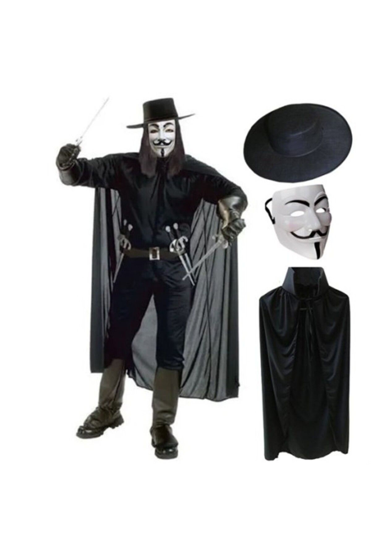 İsmiyle Al V For Vendetta Maskesi Şapka Pelerin Seti