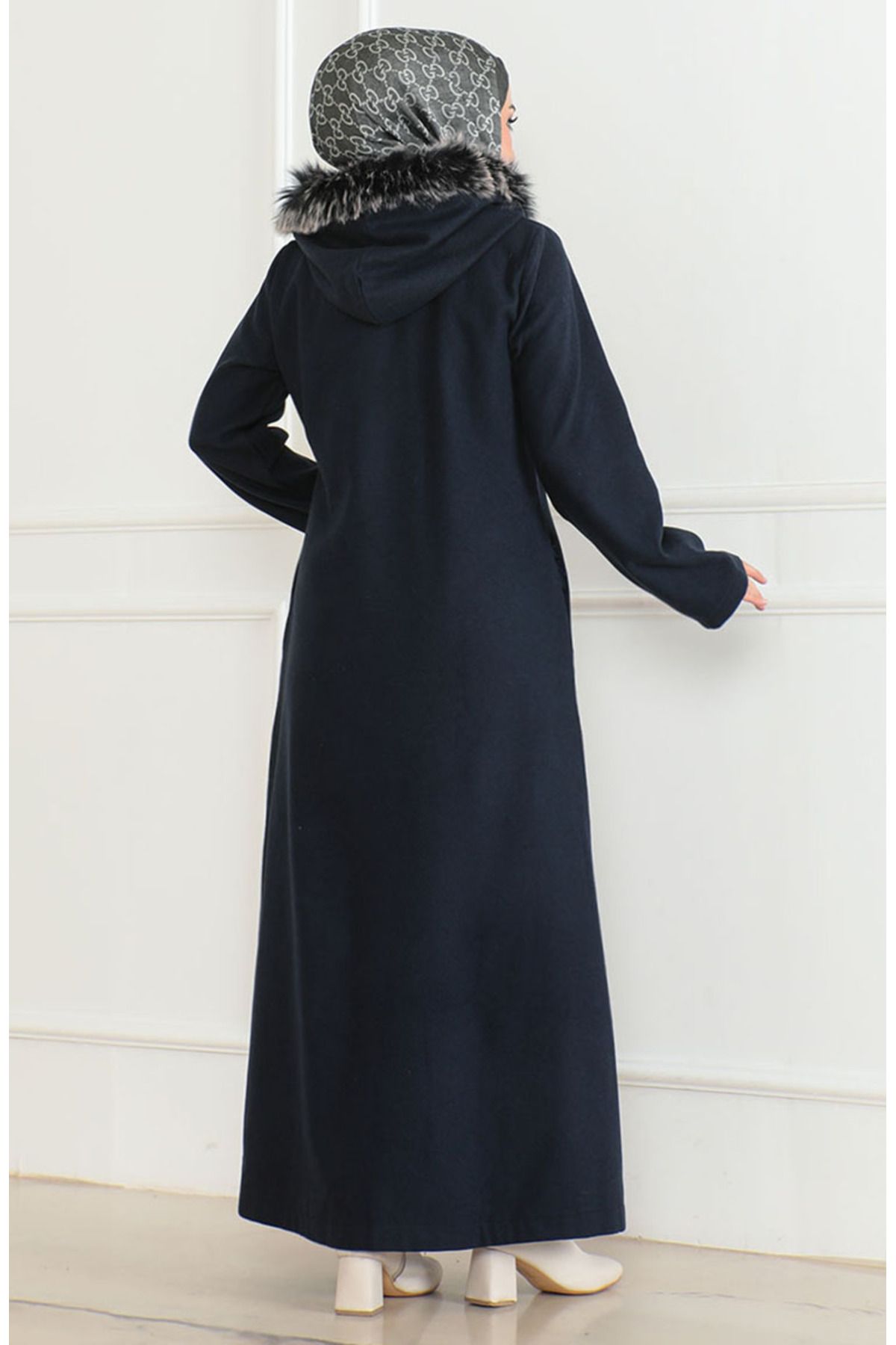 sefamerve-Navy Blue Hooded Fur Coat - 2058-06 3