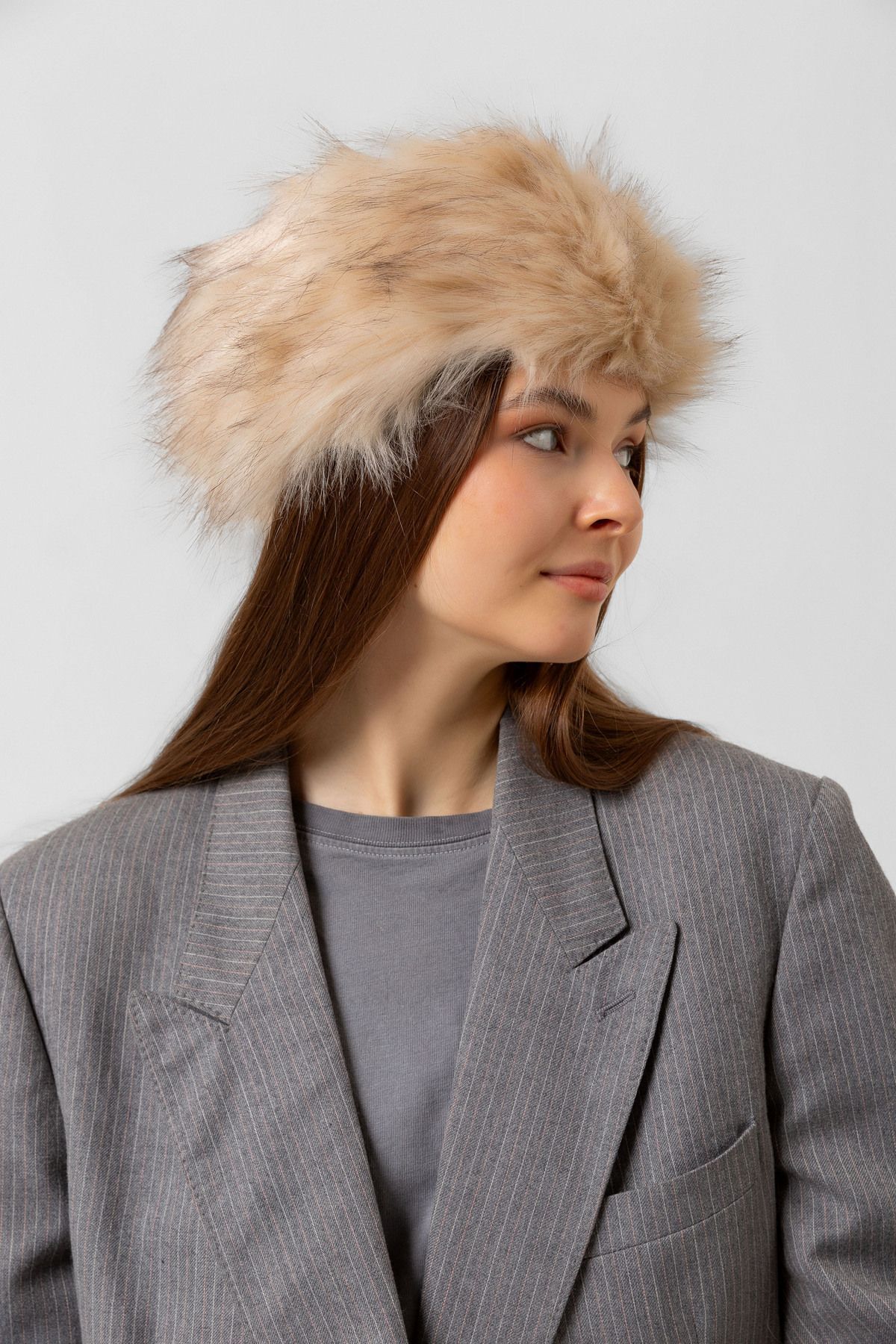 Luminos Butik-Beige Plush Textured and Furry Heart Hat - Fluffy and Soft Structure Spk1141 6