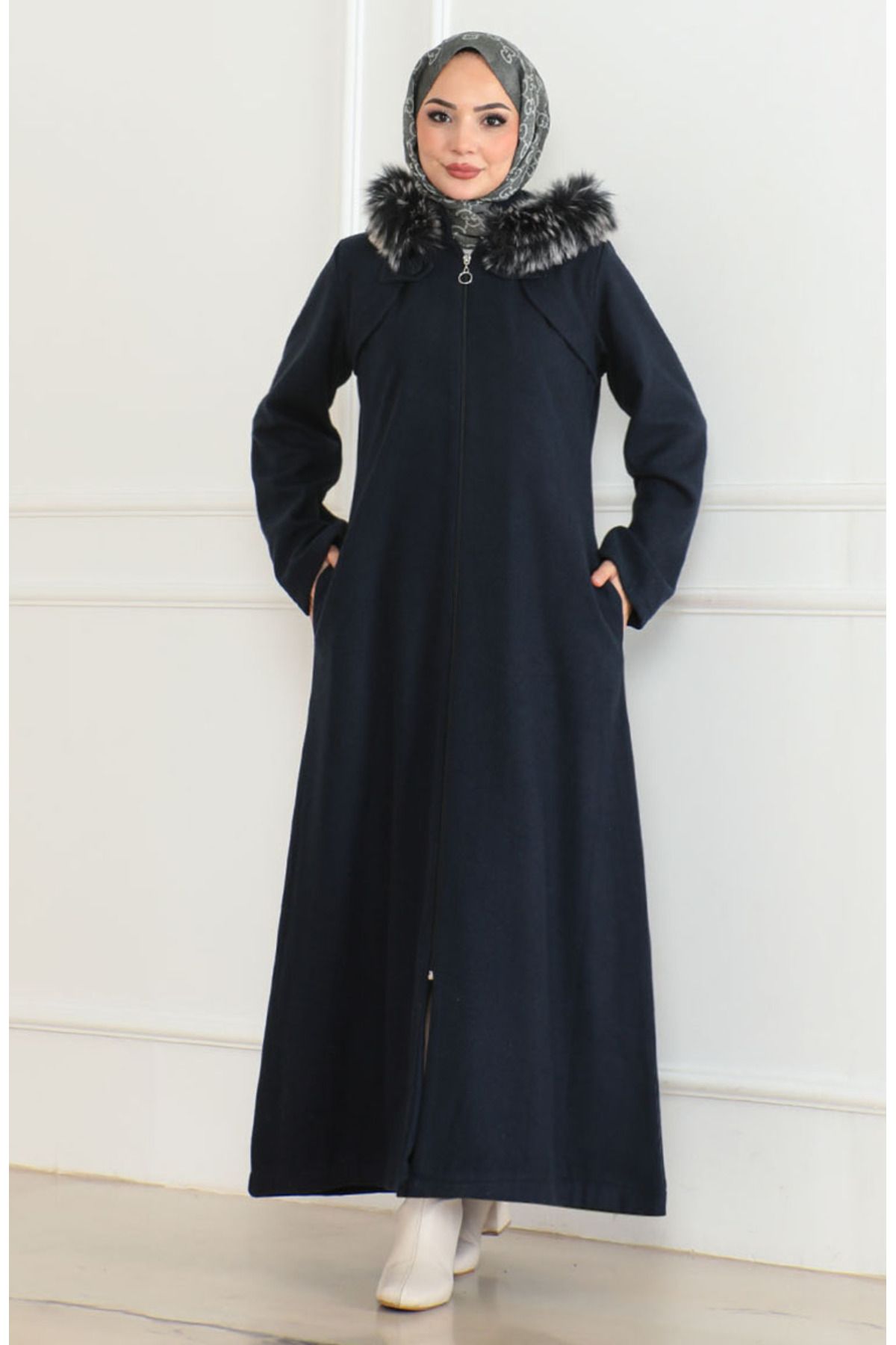 sefamerve-Navy Blue Hooded Fur Coat - 2058-06 1
