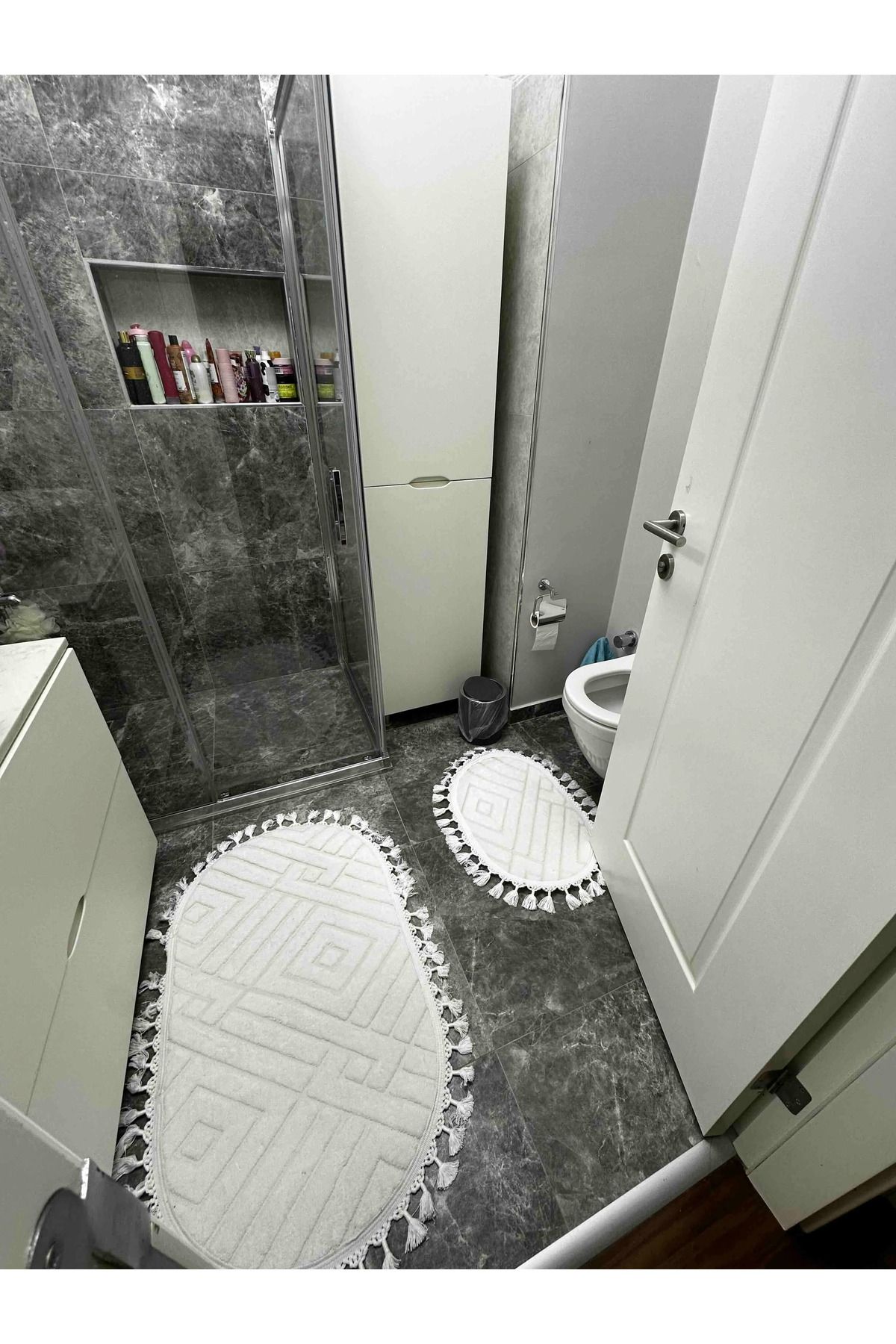 VolgsHome Yıkanabilir Saçaklı Kaymaz Dot Taban Yumuşak Peluş Banyo Paspası 2'li Set 60x100ve40x60cm