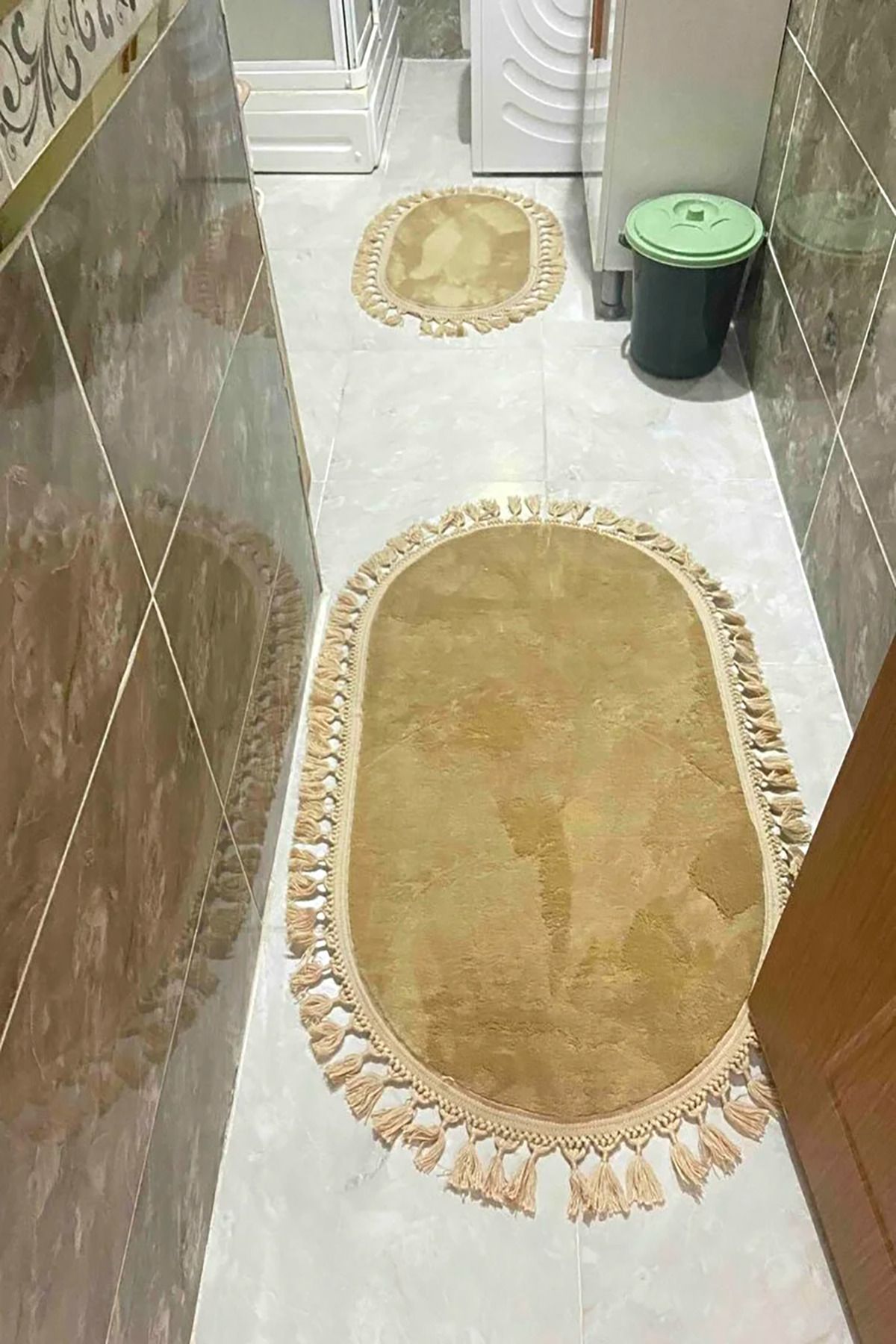 VolgsHome Yıkanabilir Saçaklı Kaymaz Dot Taban Yumuşak Peluş Banyo Paspası 2'li Set 60x100ve40x60cm