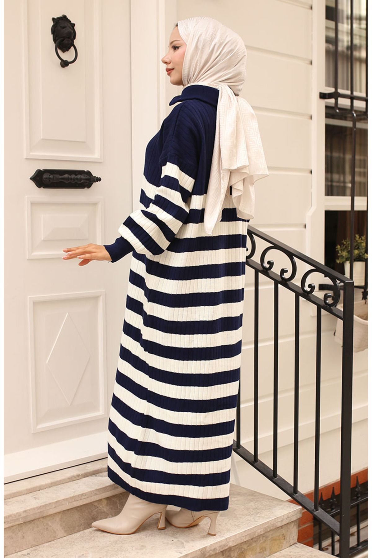 sefamerve-Ριγέ Πλεκτό Φόρεμα 11042-06 Navy Blue 5