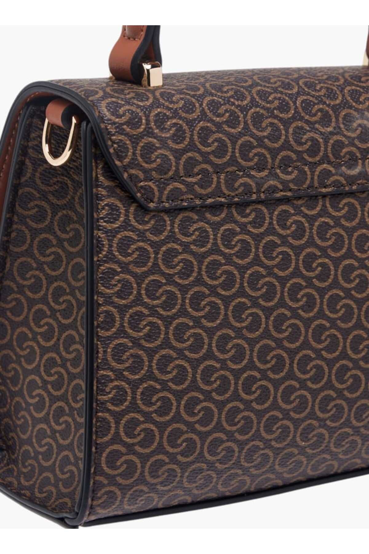 Celeste-Monogram Print Satchel Bag with Button Closure and Adjustable Strap 5