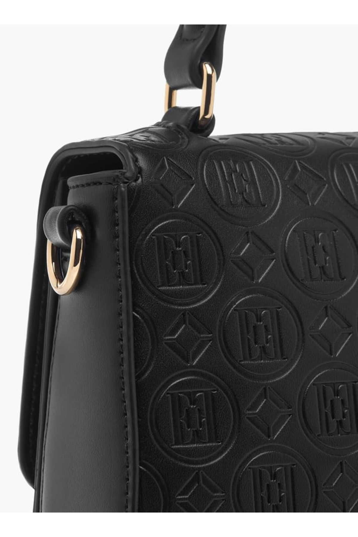 ELLE-Monogram Embossed Crossbody Bag with Top Handle and Adjustable Strap 5