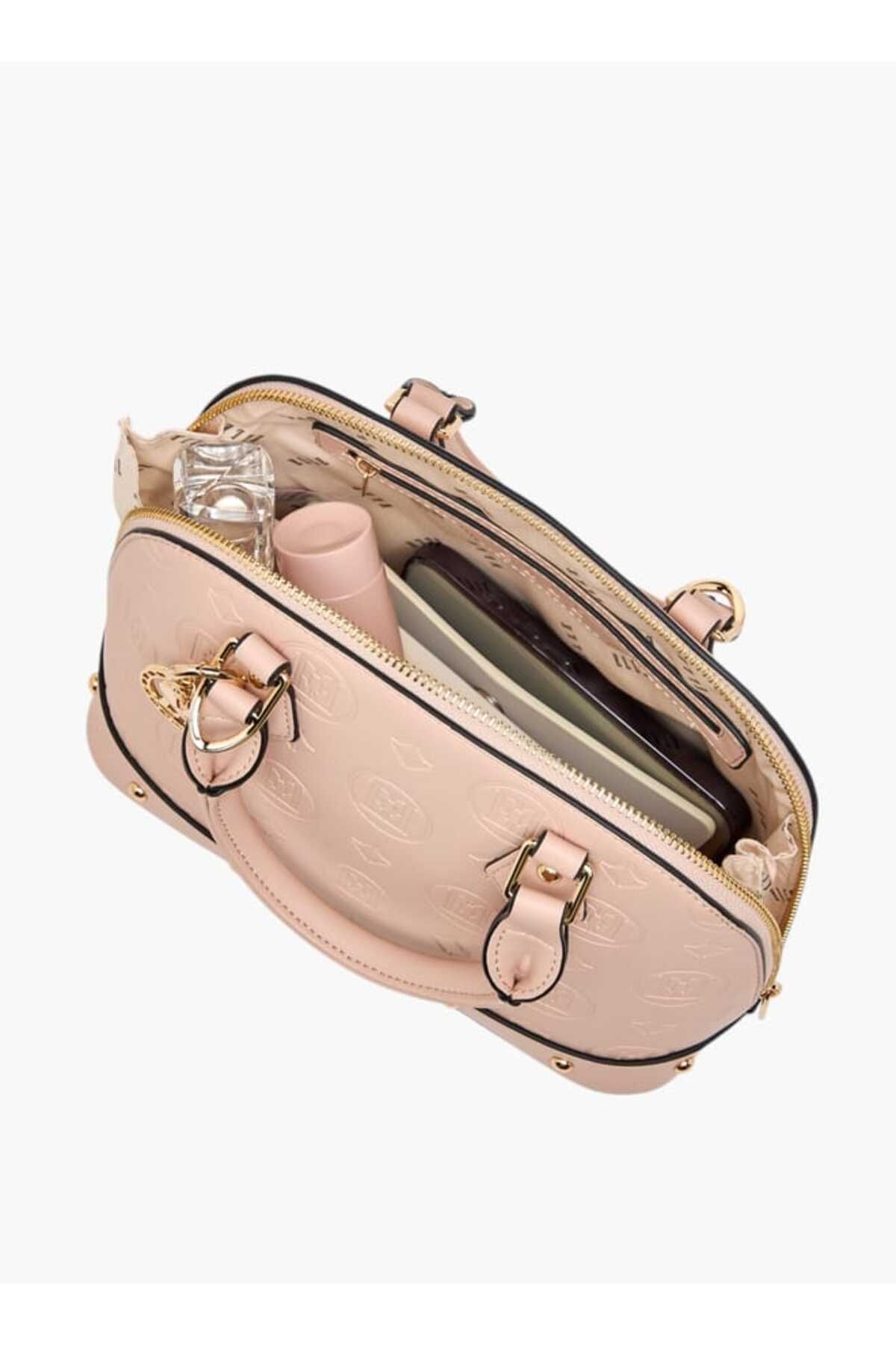 ELLE-Monogram Embossed Tote Bag with Top Handles and Adjustable Strap 7