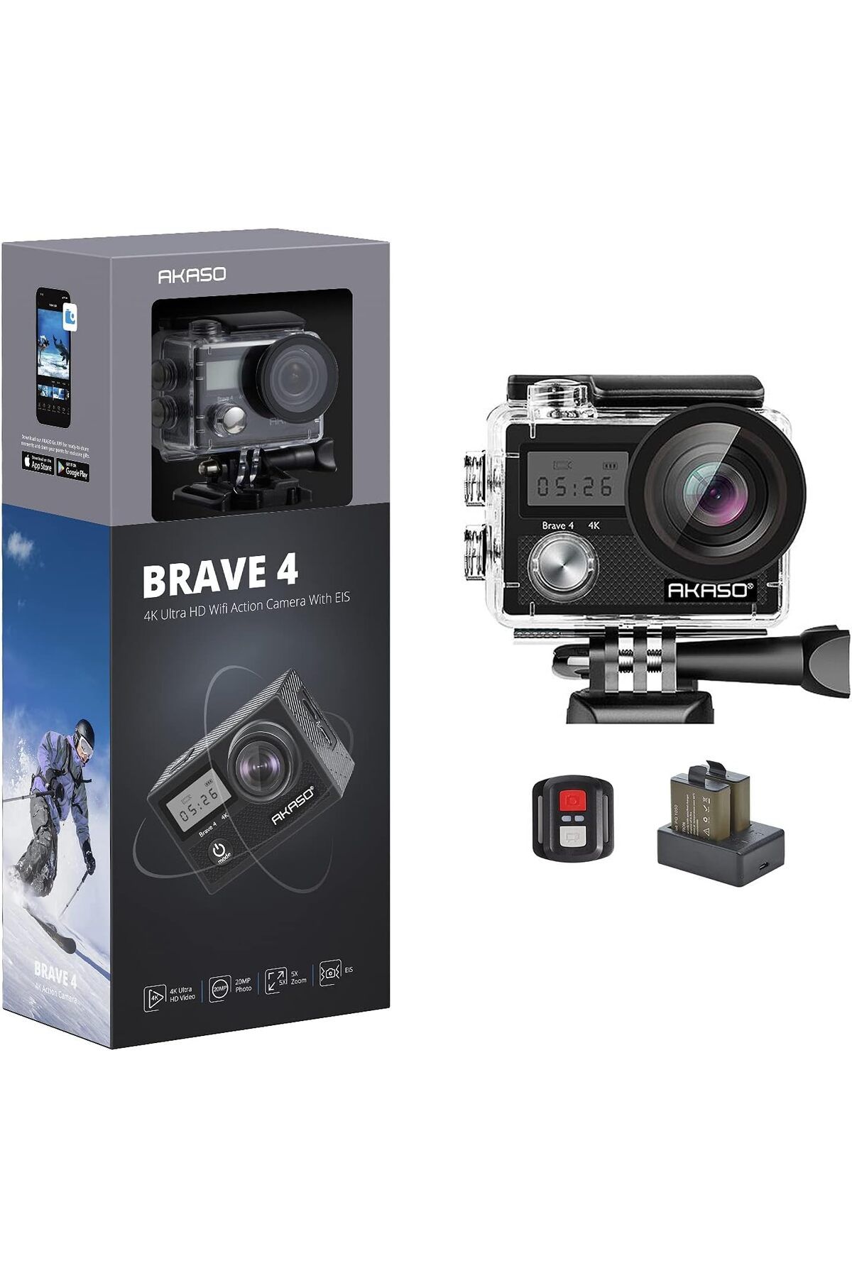 AKASO Brave 4 Aksiyon Kamerası, 4K Ultra HD, 20MP, Su Geçirmez 30m