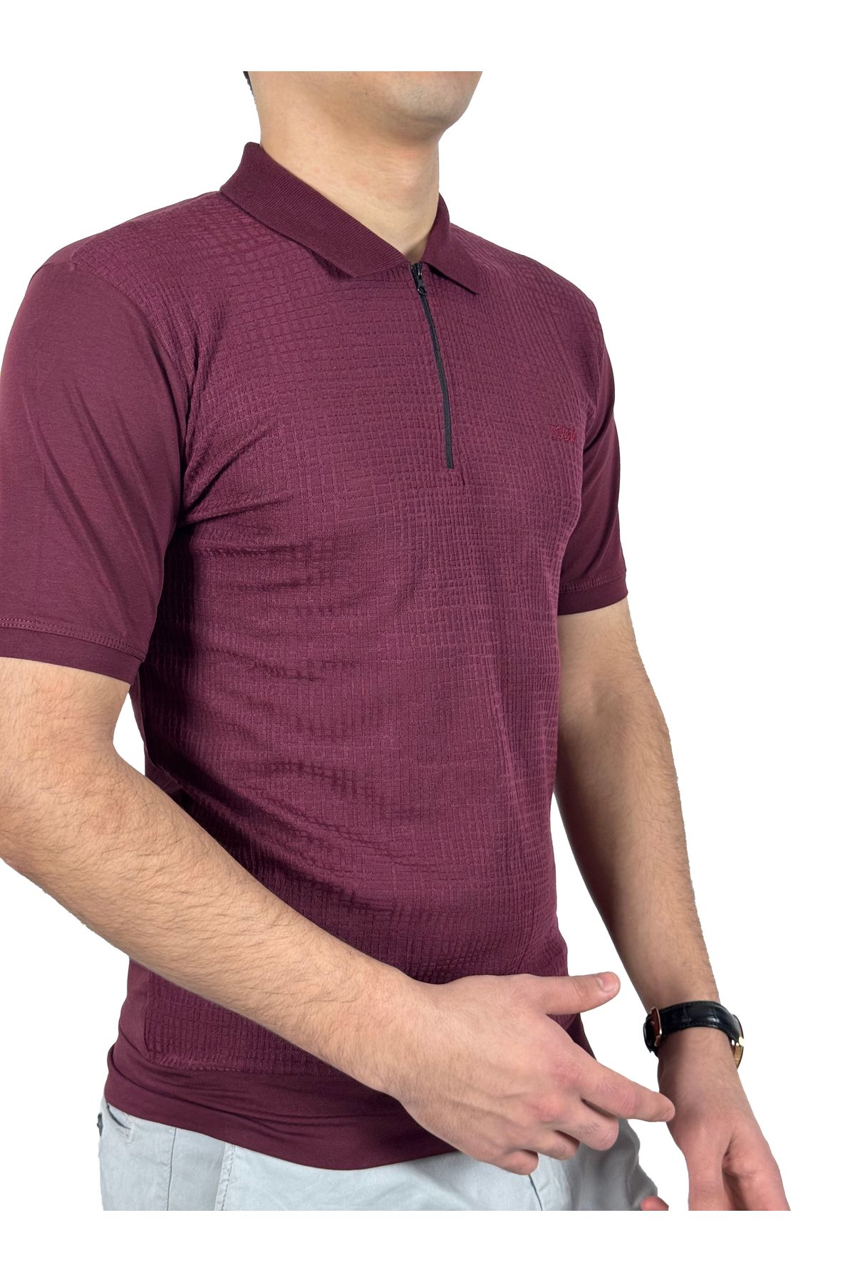 YSBM Polo Yaka Jakarlı Düz Desenli Fermuarlı Manşetli Slim Fit Bordo T-Shirt 8476