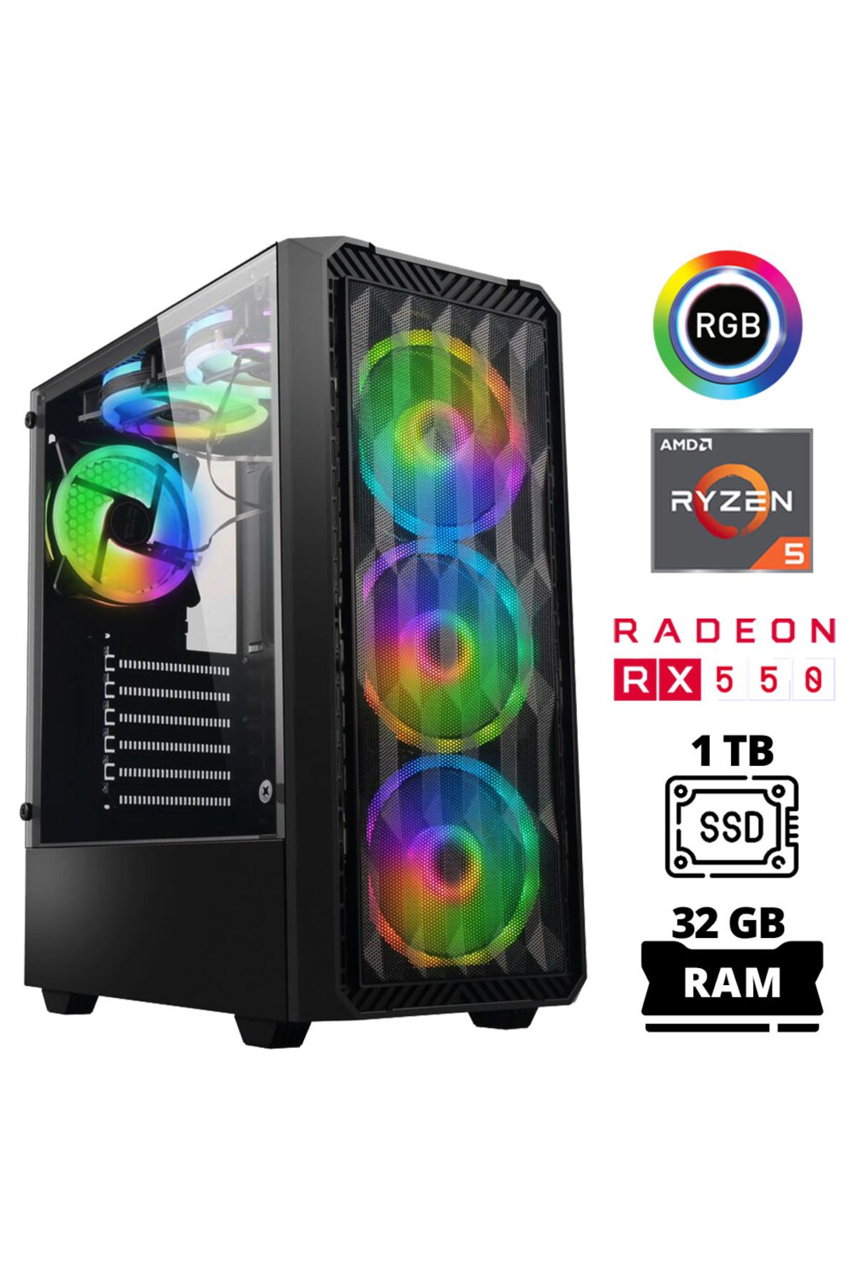 XASER Xsr1028 Ryzen 5 3600 32GB Ram 1TB SSD 4GB RX550 Oyuncu Masaüstü Bilgisayarı