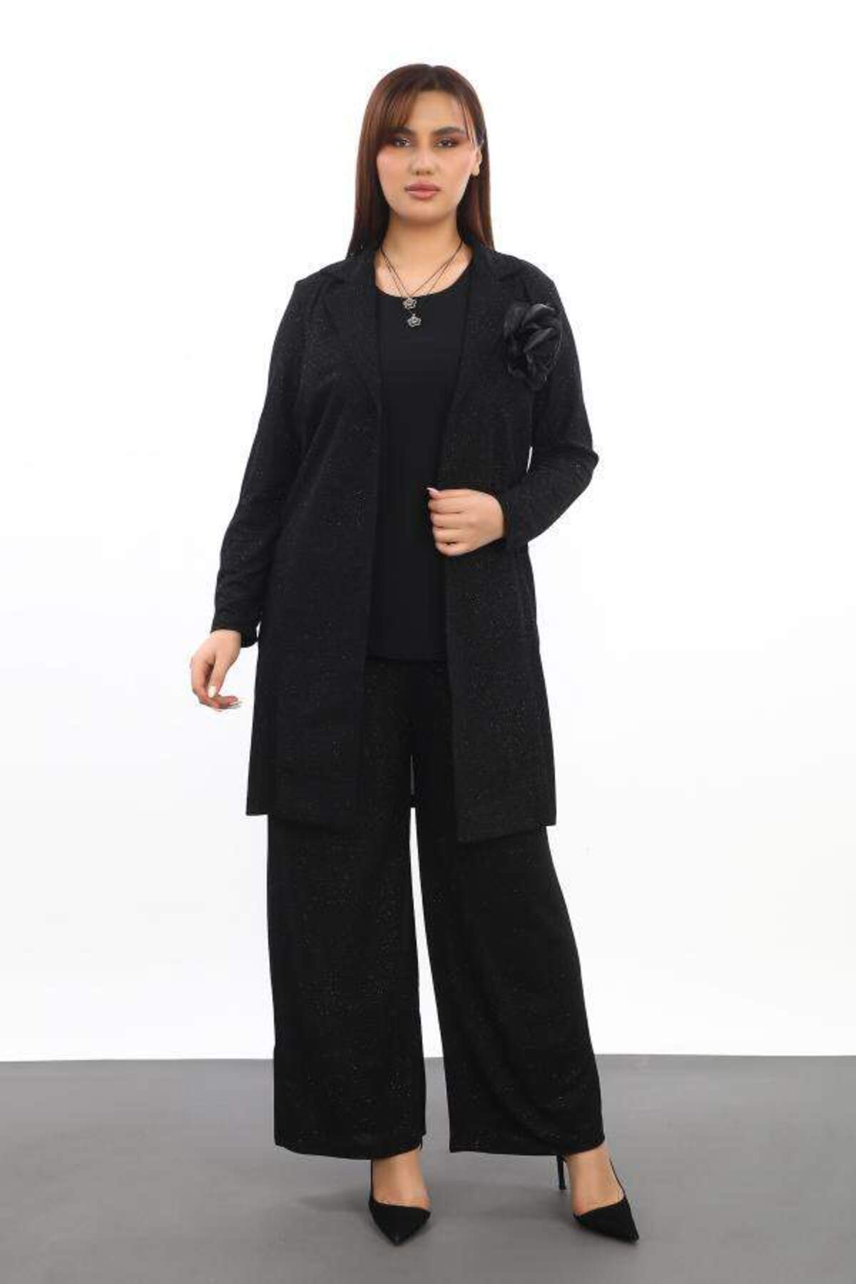 ANGELINO-Women's Plus Size 3 Piece Silvery Evening Dress Set - Black Pants, Blouse and Jacket 4