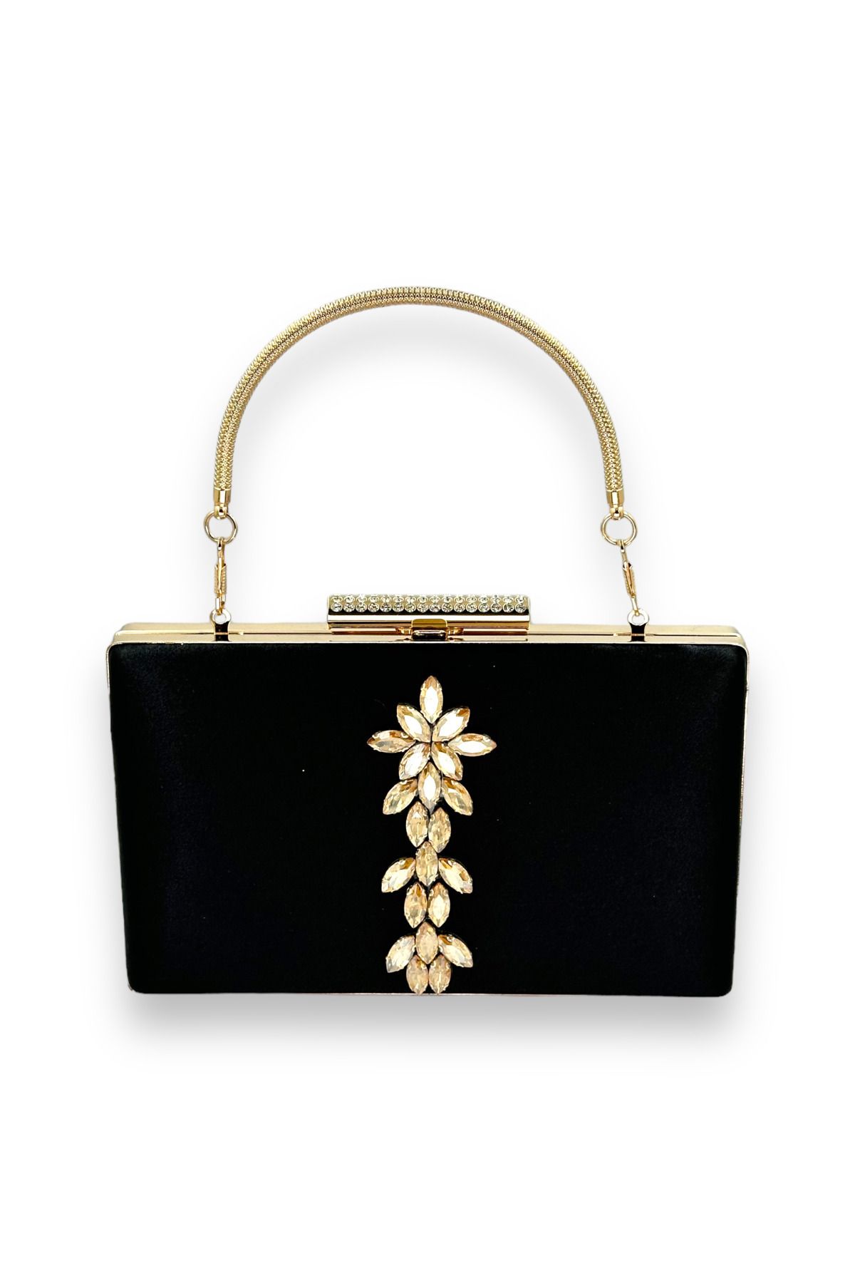 MidStore Siyah Renk Saten Kristal Taşlı Abiye Çanta Gece Çantası Kına Gelin Mezuniyet Çantası Clutch Portföy