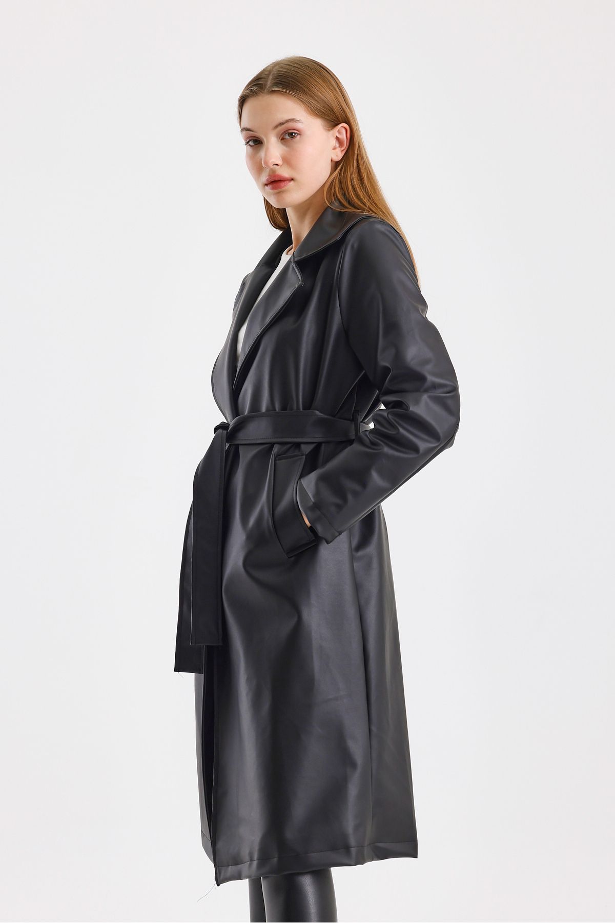 TREND KOMBİN-Long Belted Lined Leather Trench Coat 6