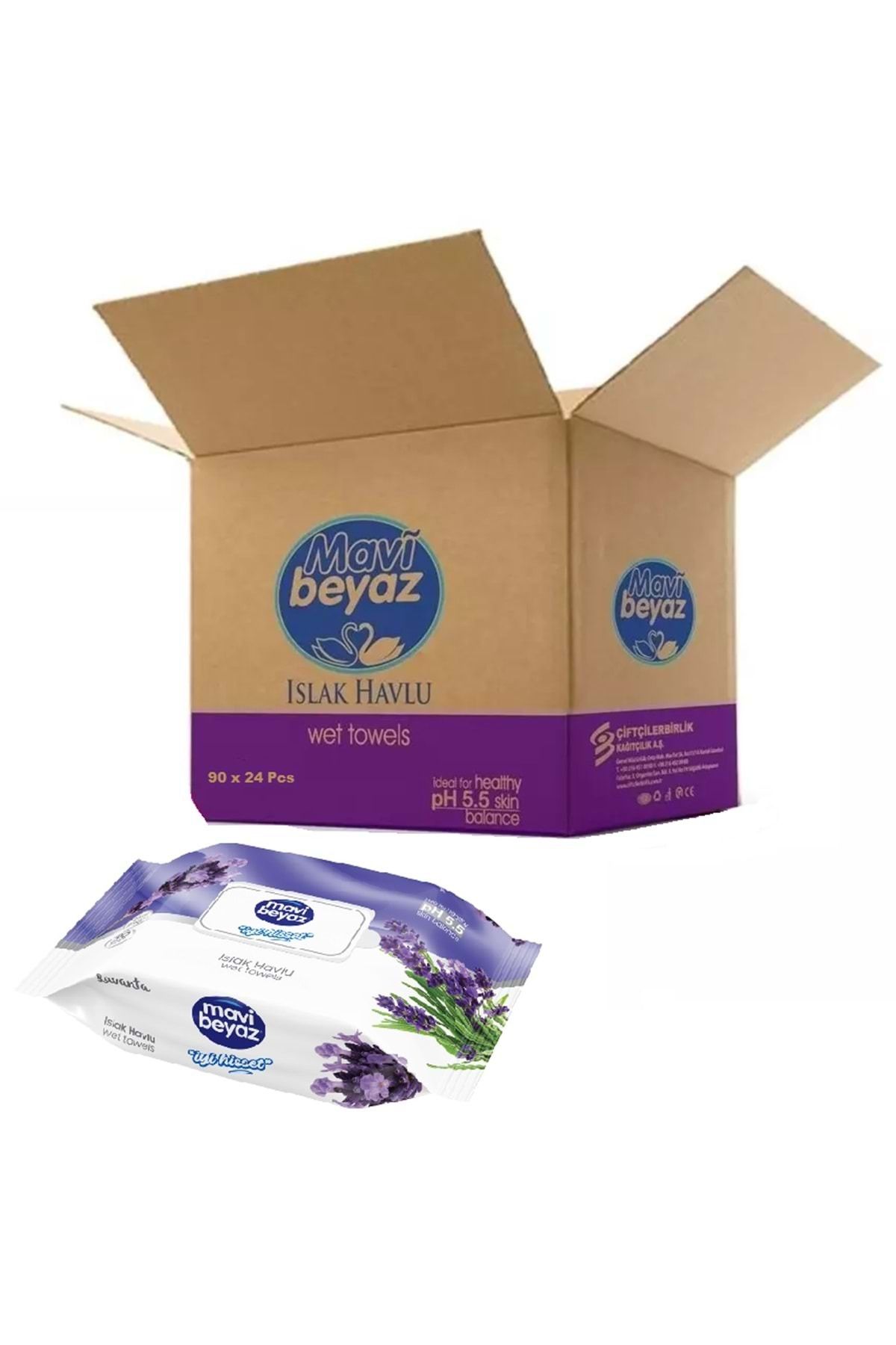 Mavi beyaz Islak Havlu Mendil 90 Yaprak Lavanta 24 Lü Set 90 Yaprak Plastik Kapaklı (2160 YAPRAK)