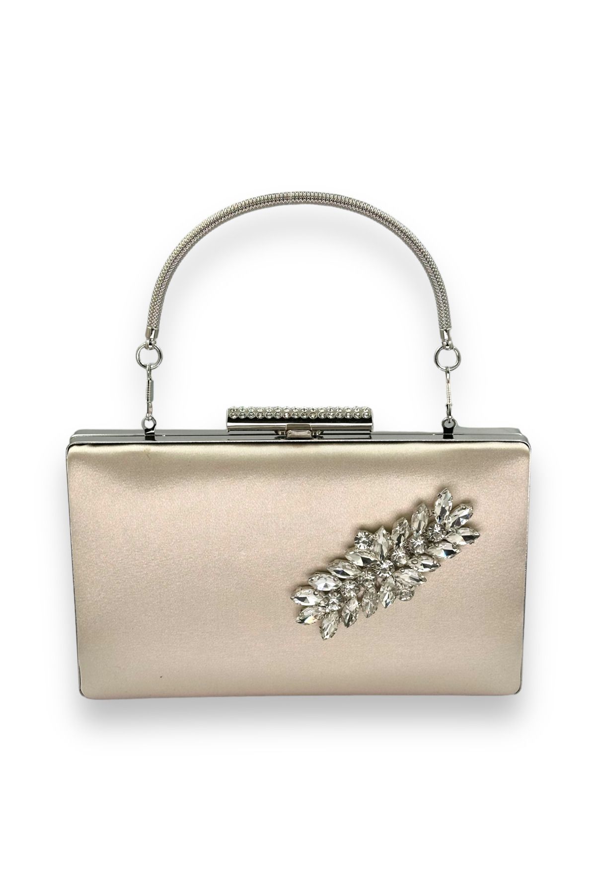 MidStore Ten Nude Renk Saplı Saten Kristal Taşlı Abiye Çanta Gece Çantası Kına Gelin Mezuniyet Çantası Clutch
