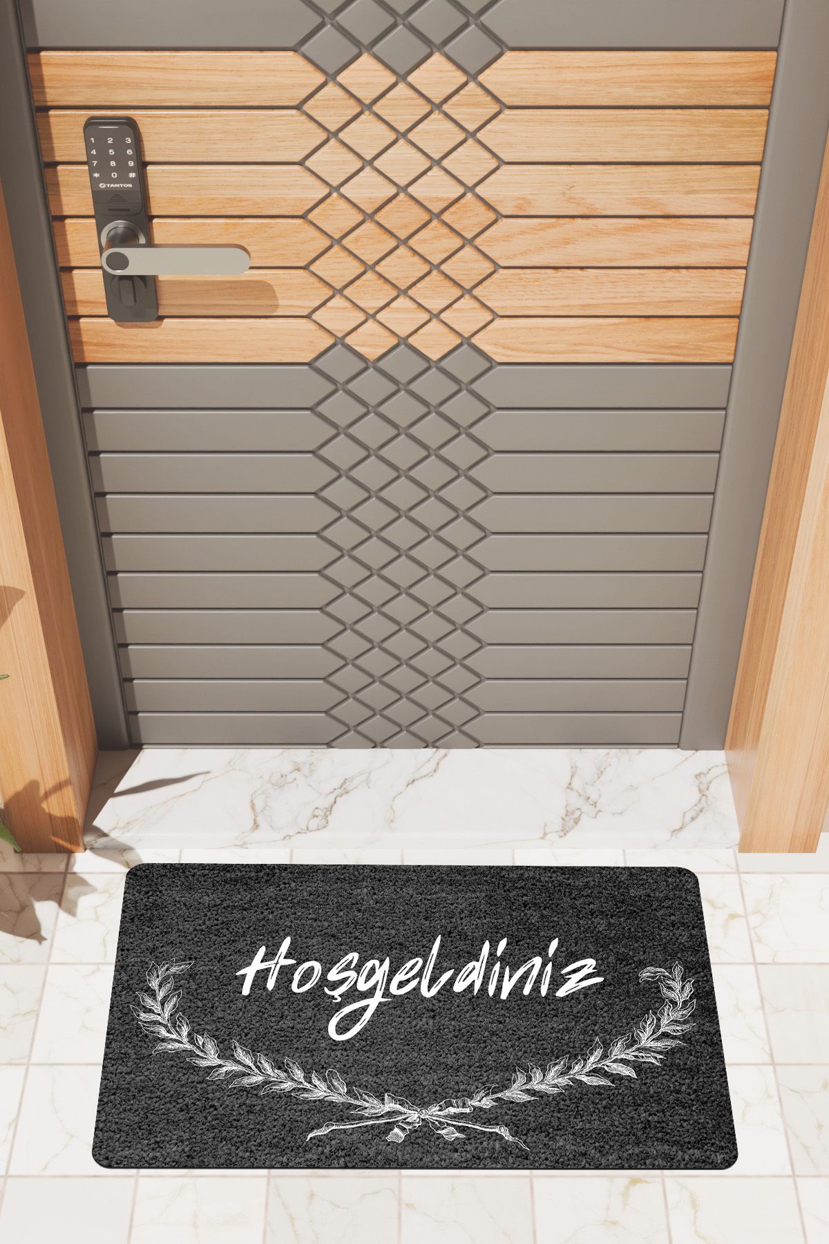 Rugmood Modern Dijtal Baskı Siyah Hoşgeldiniz Kapı Önü Paspası