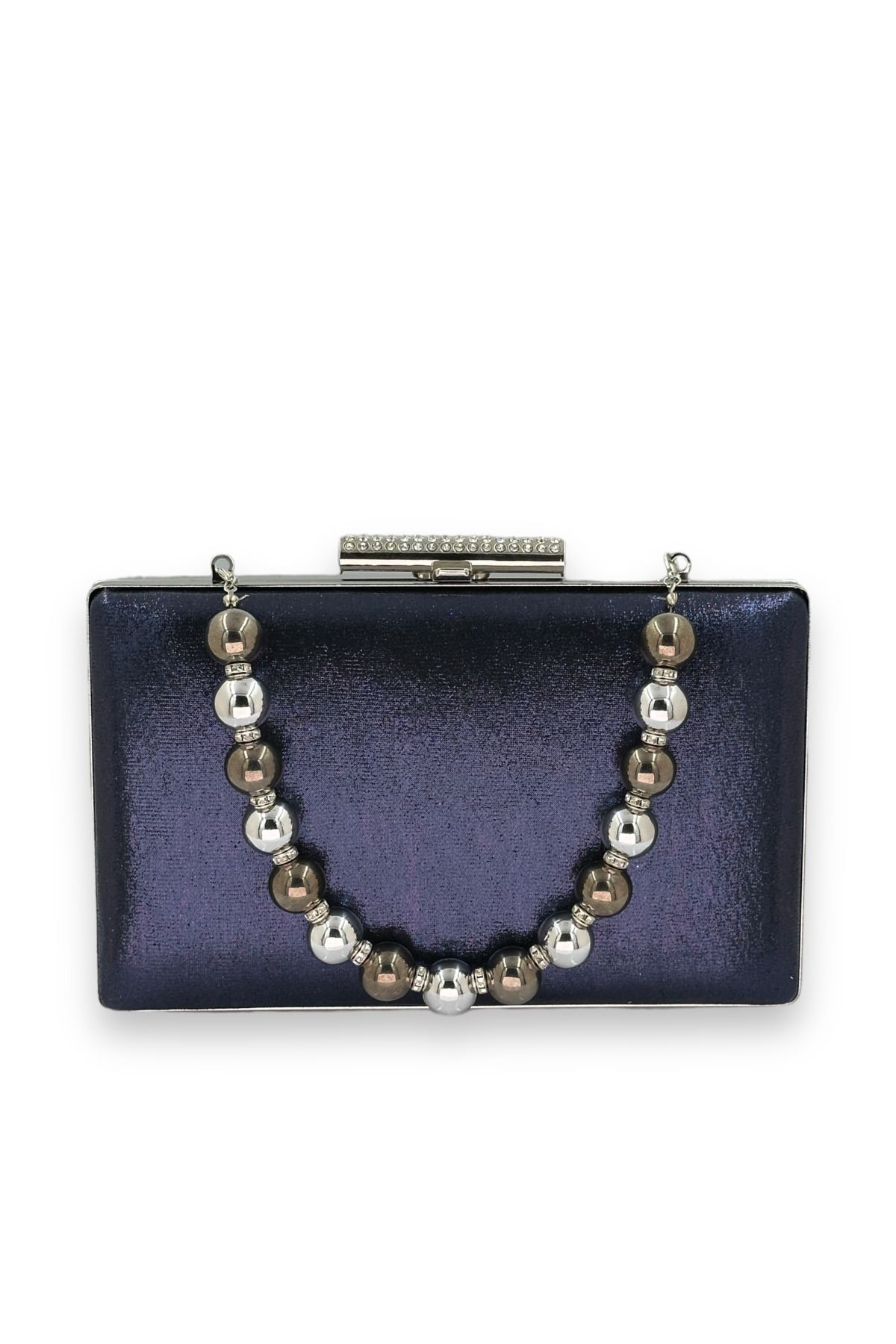 Veste Moda-Navy Blue Plated Satin Pearl Handle Crystal Patterned Matte Leather Evening Dress Bag Evening Bag 1