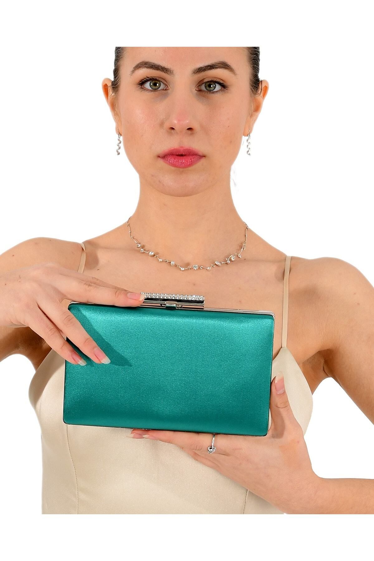 Wedding Fashion Yeşil Renk Saten Abiye Çanta Clutch Balo Mezuniyet Çantası