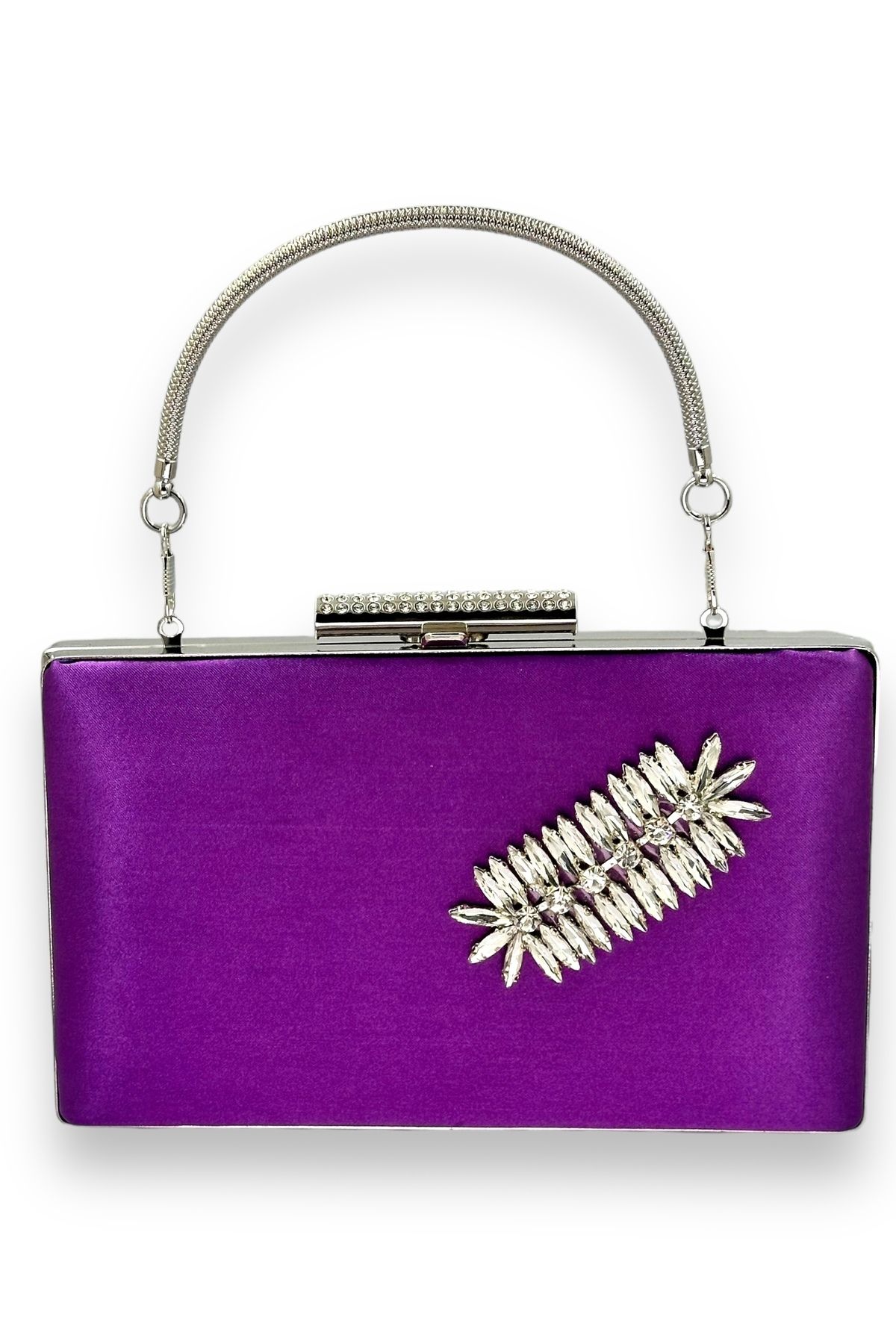 MidStore Mor Renk Saten Kristal Taşlı Abiye Çanta Gece Çantası Kına Gelin Mezuniyet Çantası Clutch Portföy