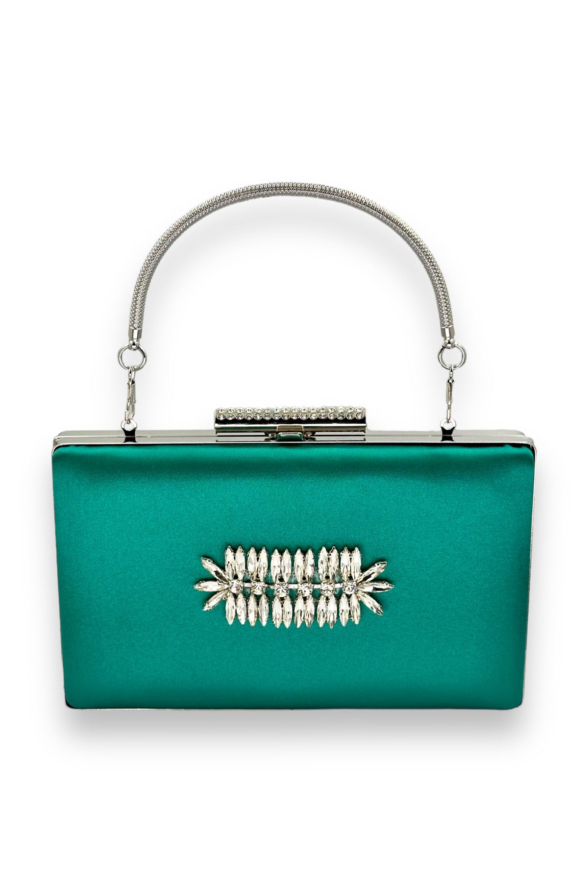 MidStore Yeşil Renk Saplı Saten Kristal Taşlı Abiye Çanta Gece Çantası Kına Gelin Mezuniyet Çantası Clutch