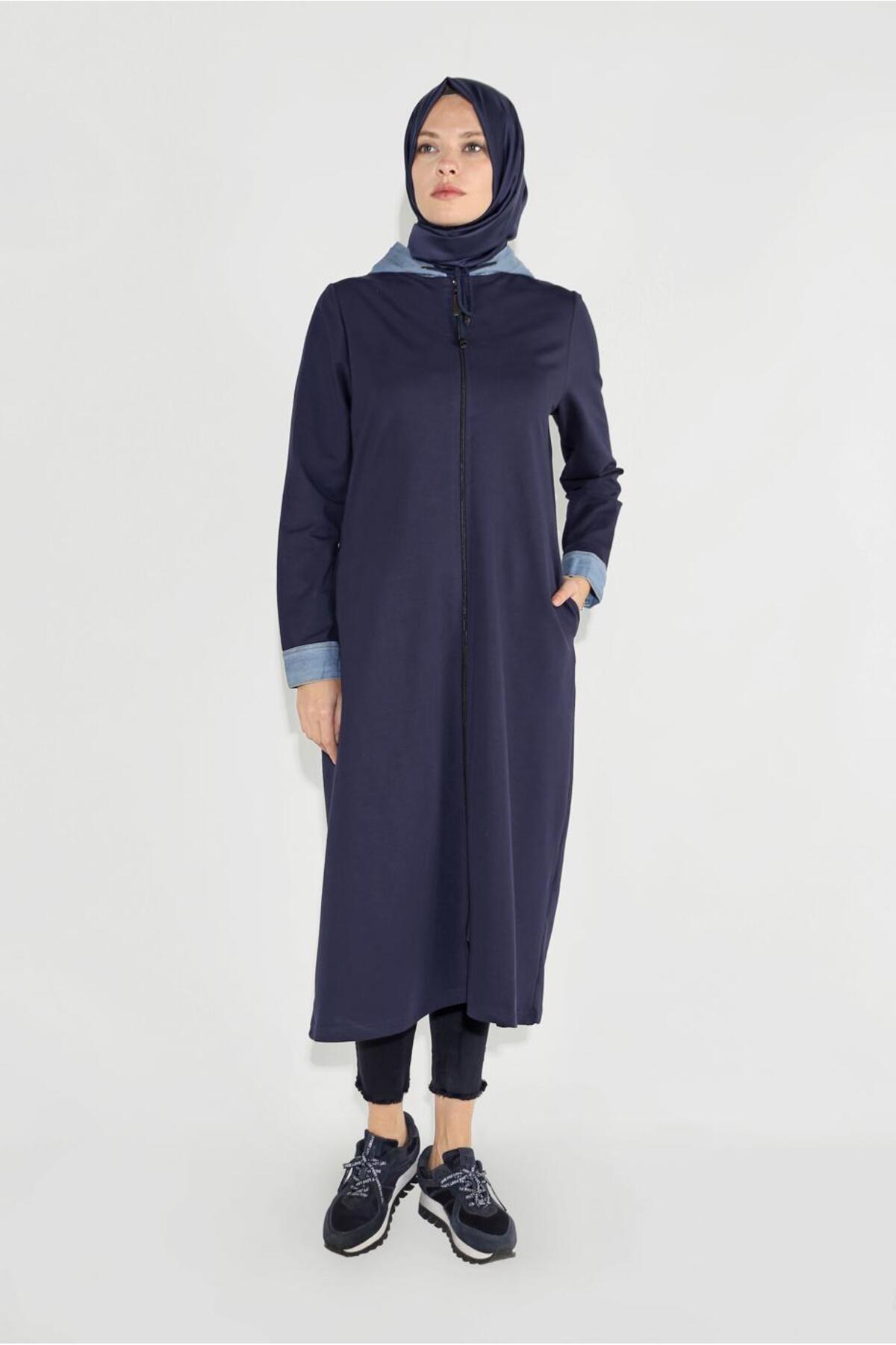 کاپشن زنانه کلاه دار زیپ دار سرمه ای (K.İNDİGO) 0729 TRENDTESETTÜR