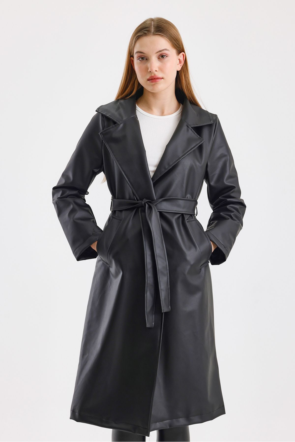 TREND KOMBİN-Long Belted Lined Leather Trench Coat 5