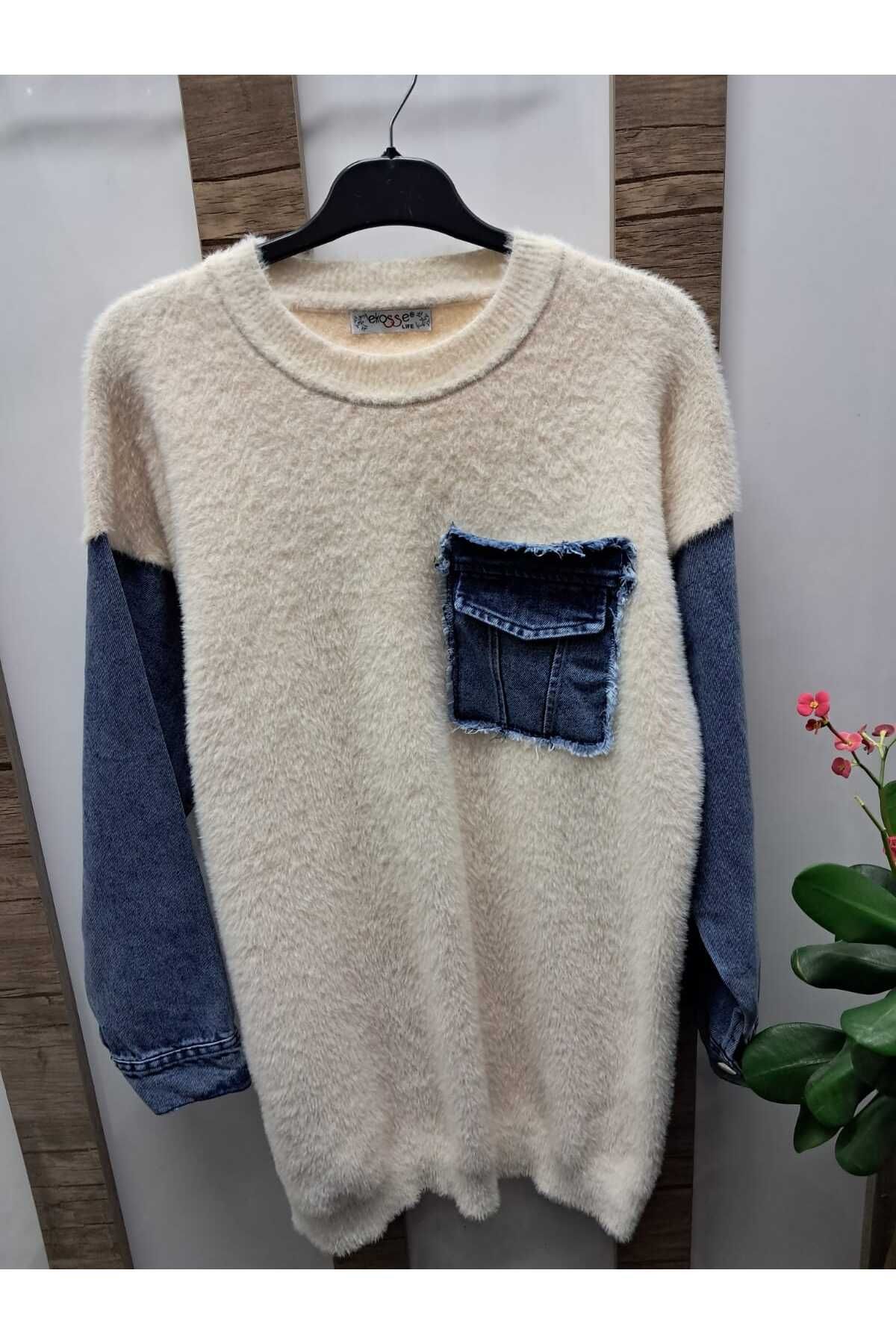 Butik EKOSSE Denim Kol ve Cep Detay Peluş Tunik