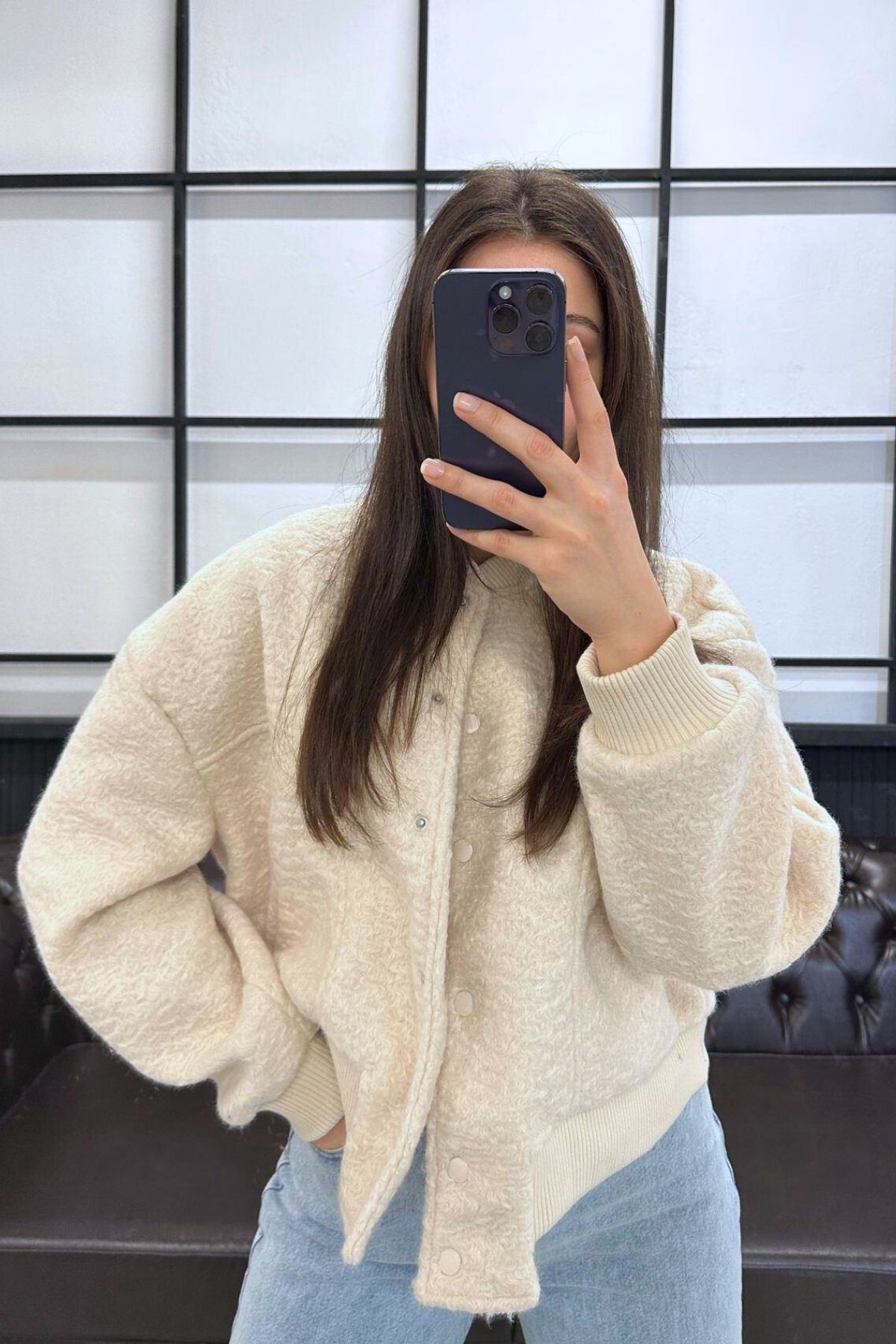 JaMolls kaşe yün görünümlü bol kesim çıtçıt kapama cep detay crop trend bomber pinterest muadil ceket mont görsel 2