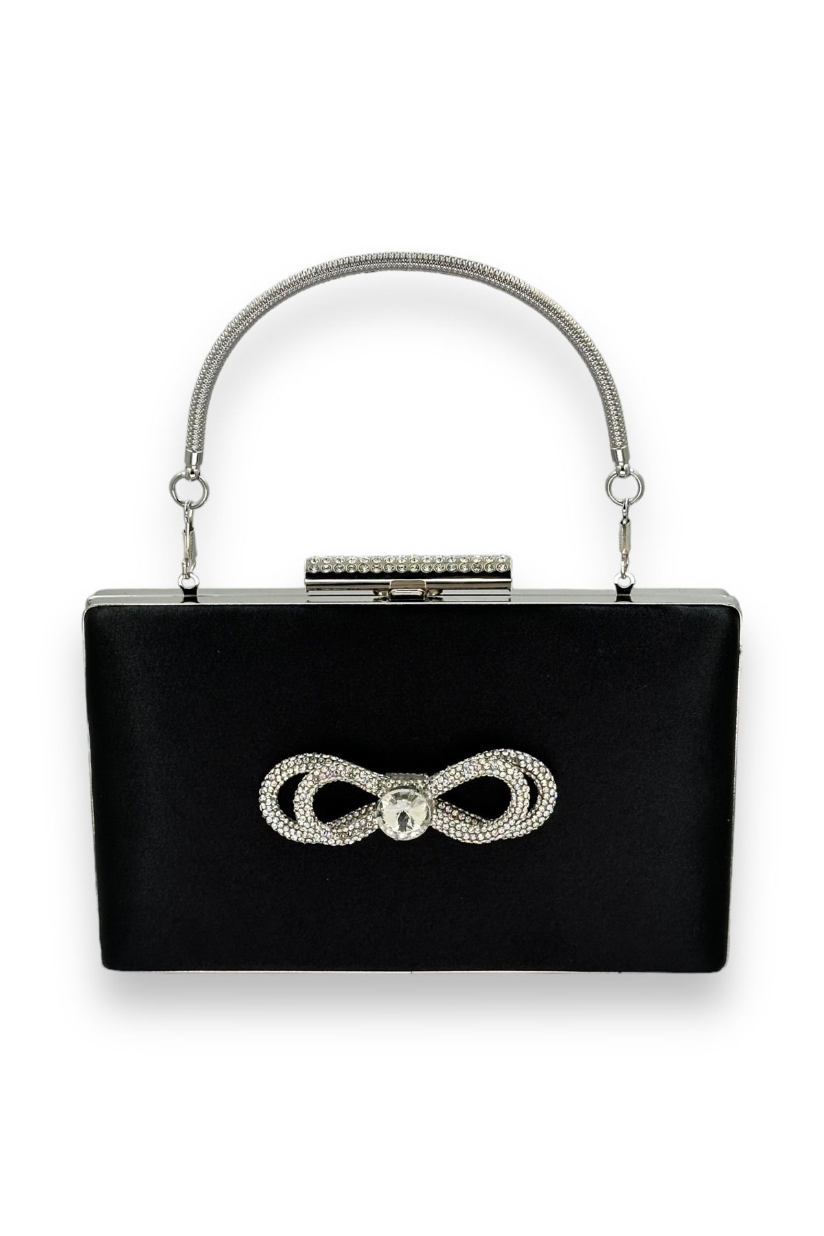 MidStore Siyah Renk Saten Kristal Taşlı Abiye Çanta Gece Çantası Kına Gelin Mezuniyet Çantası Clutch Portföy