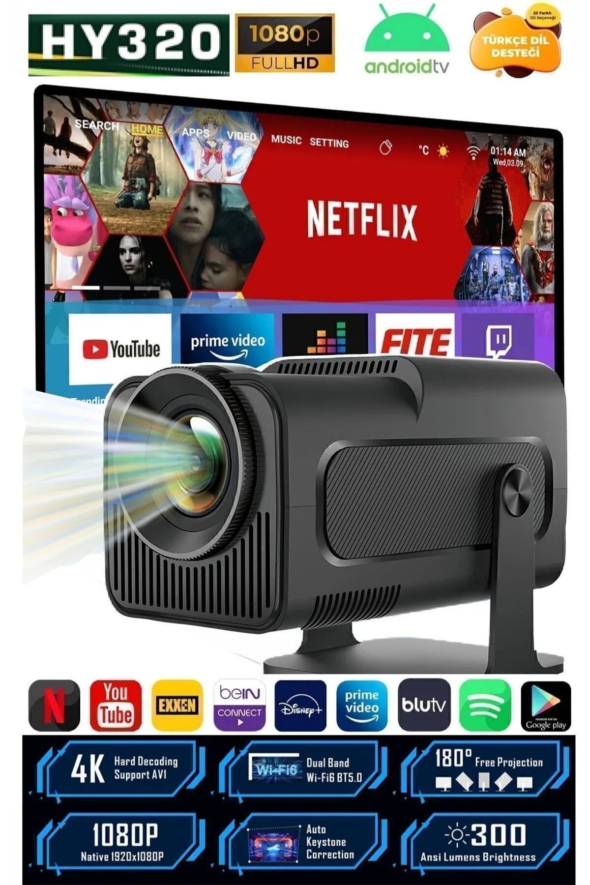 Sompon Taşınabilir Sinema Projektörü Hy320 Mini Siyah 4k 1080p Ile Ev Sineması Bluetooth Android Lensun