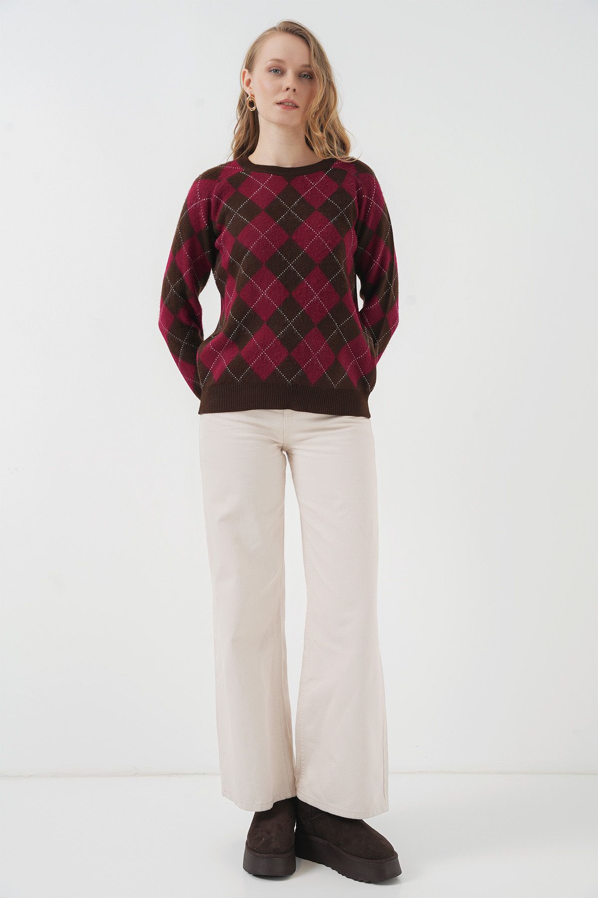 Bigdart-15918 Diamond Pattern Knitwear Sweater - Brown 2