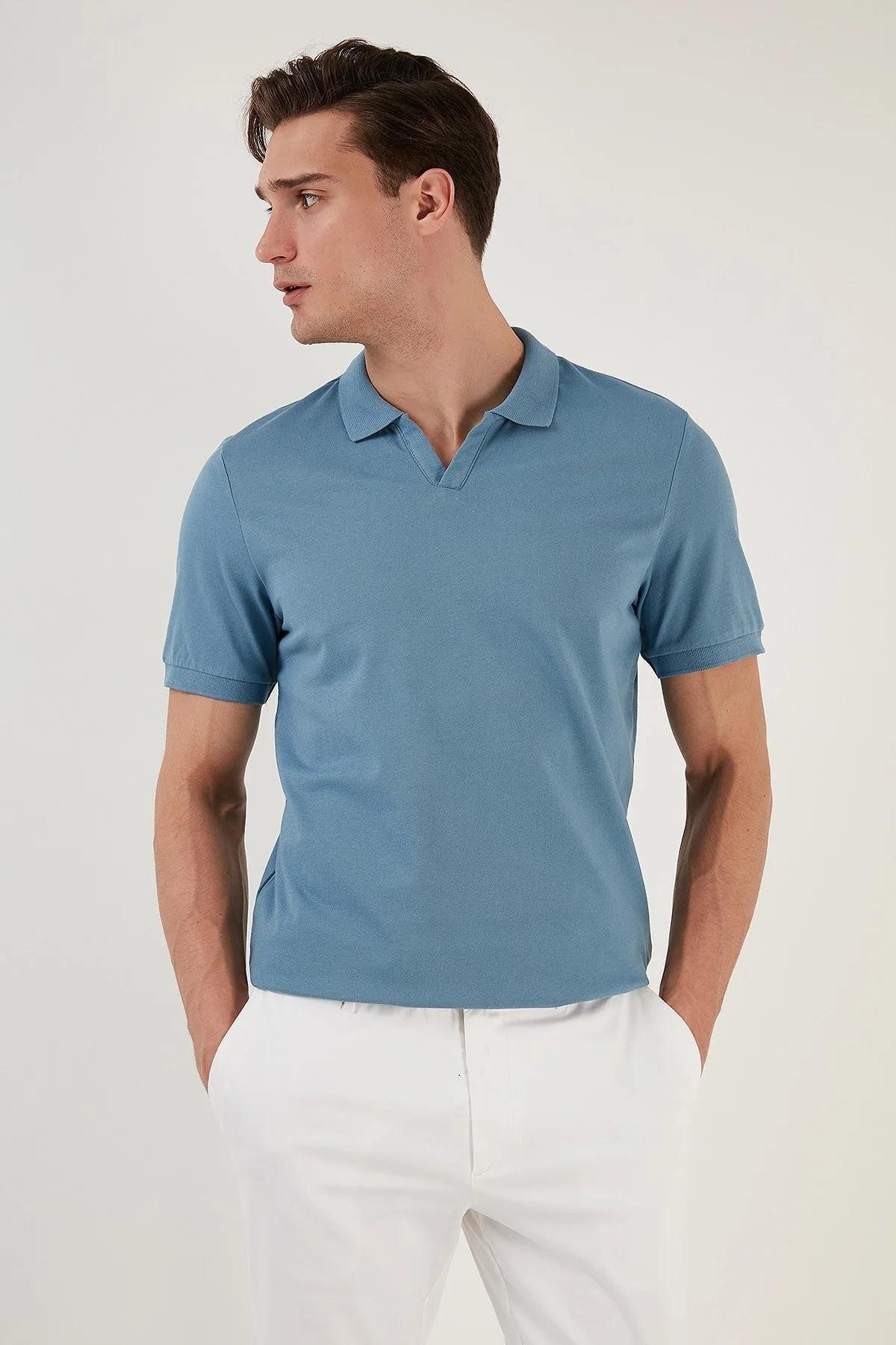 Jack & Jones Organik Pamuk V Yaka Detaylı Erkek Polo Yaka T-shırt S- Blue