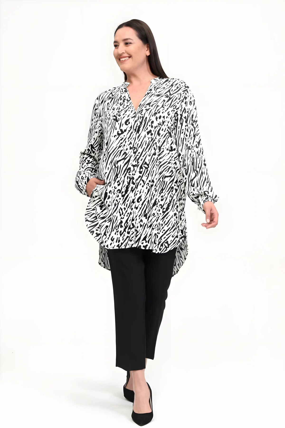 Hanezza-Special for Those Seeking Comfort: Viscose Judge Collar Zebra Pattern Tunic 4