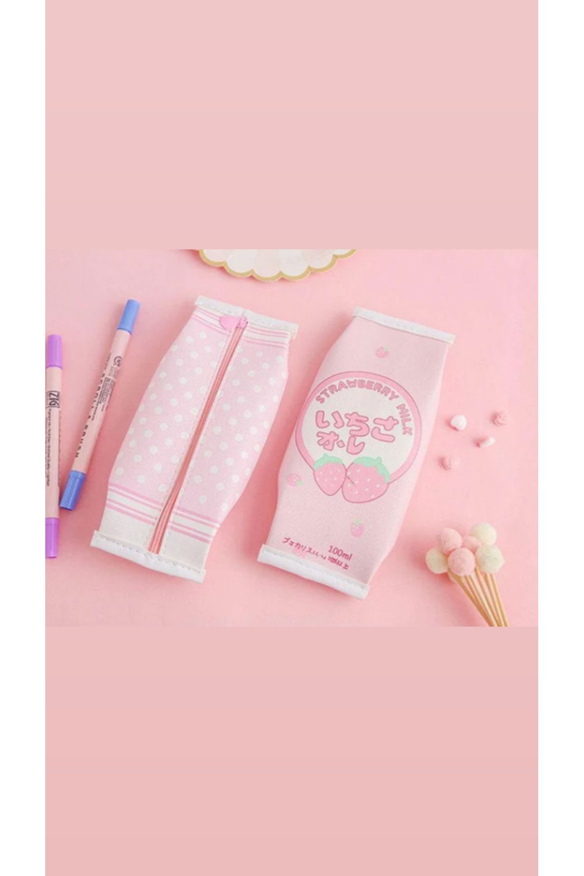 synshop Kawaii Çilekli Strawberry Pembe Kalemlik Kalem Kutu Makyaj Çantası Doğum Günü Karne H