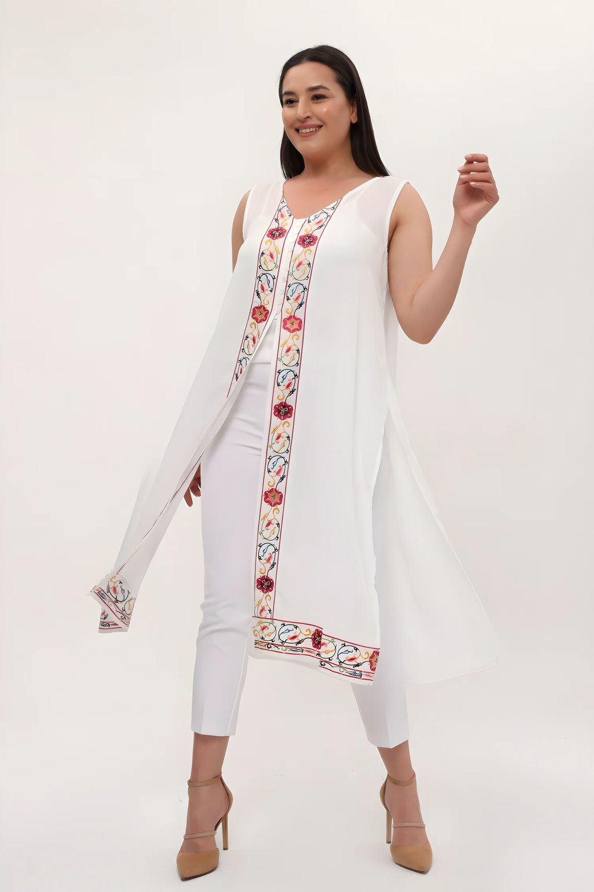 Hanezza-Women's Large Size White Zero Sleeve 42-52 Embroidered Below the Knee Slit Crepe Vest 5