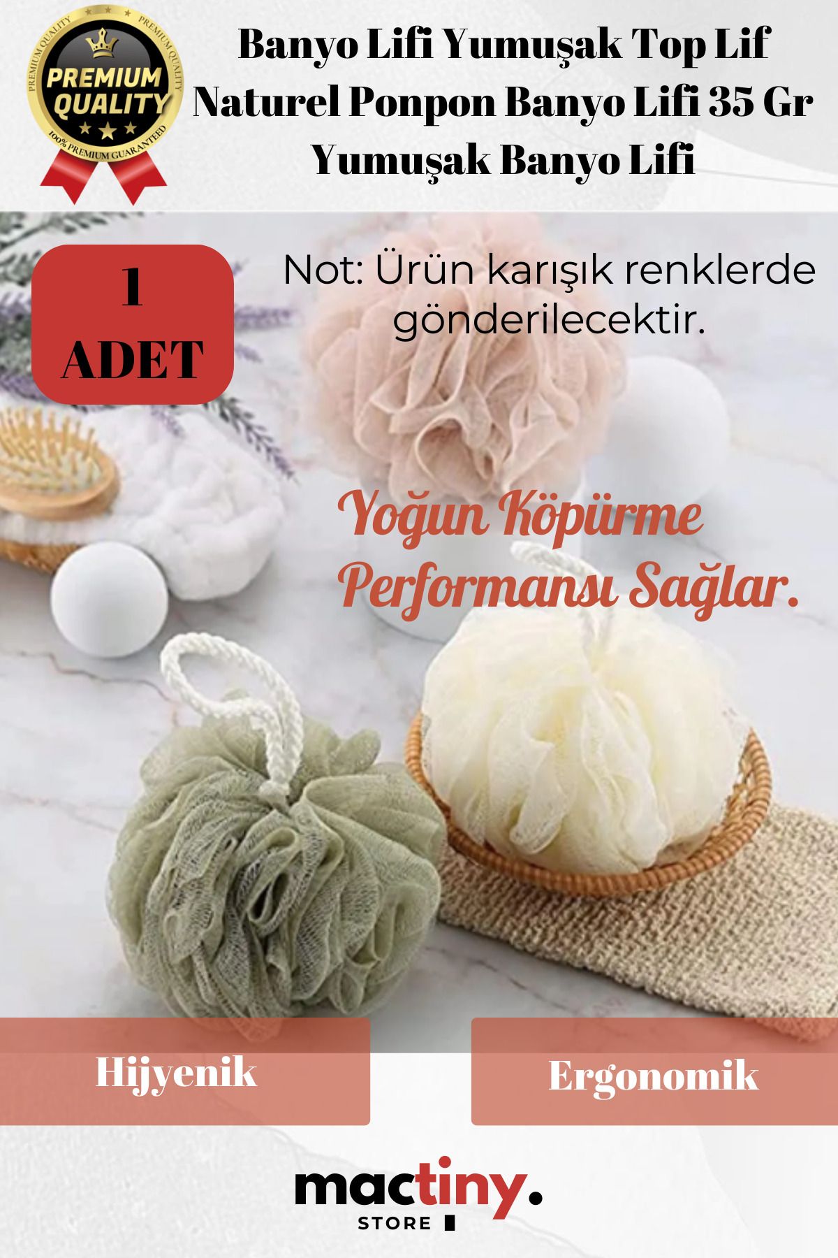 Mactiny Premium Ürün Kaliteli Banyo Lifi Yumuşak Top Lif Naturel Ponpon Banyo Lifi 35 Gr Yumuşak Banyo Lifi