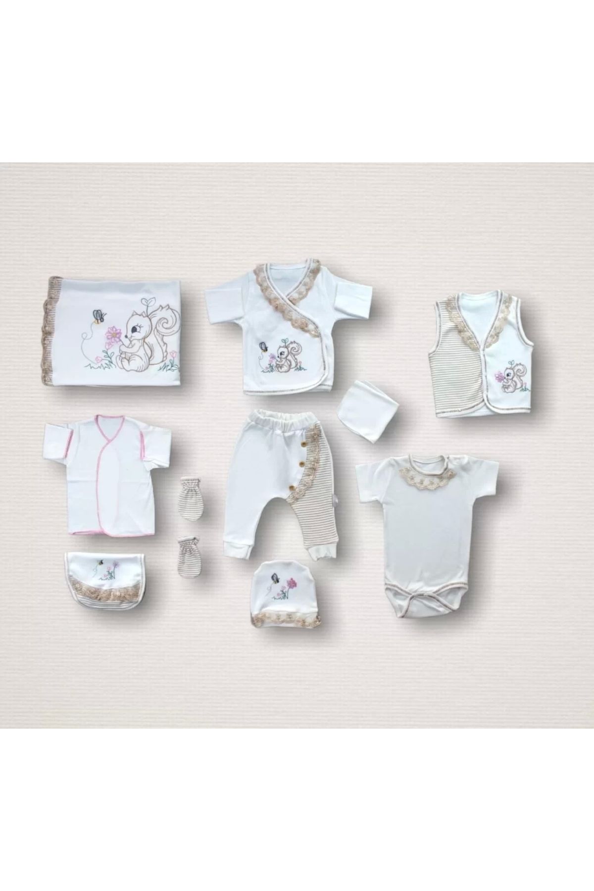Miravm Minik Sincap Nakışlı %100 Cotton Antibakteriyel 10lu Zıbın Takımı Hastane Çıkışı Ekru